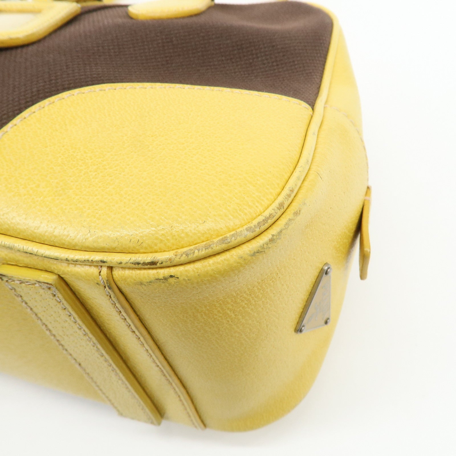 PRADA Canvas Leather Shoulder Bag Hand Bag Brown Yellow Used