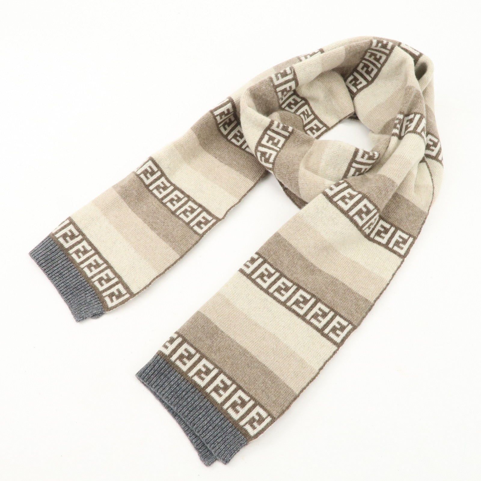 FENDI Logo Zucca Wool Viscose Nylon Cashimere Scarf Beige Brown Used