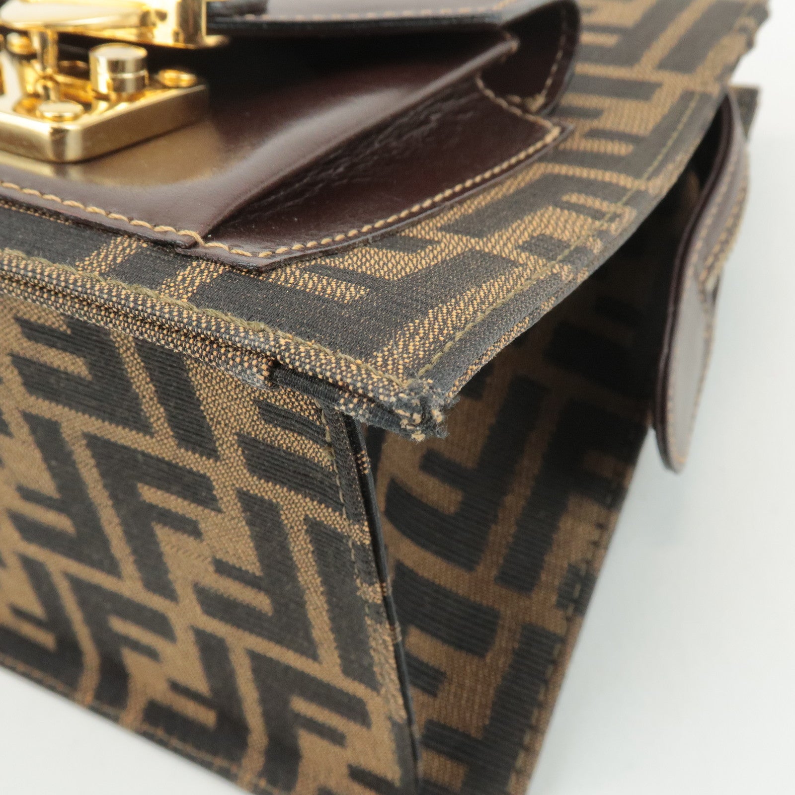 FENDI Zucca Canvas Leather Boston Bag Hand Bag Brown Black Used