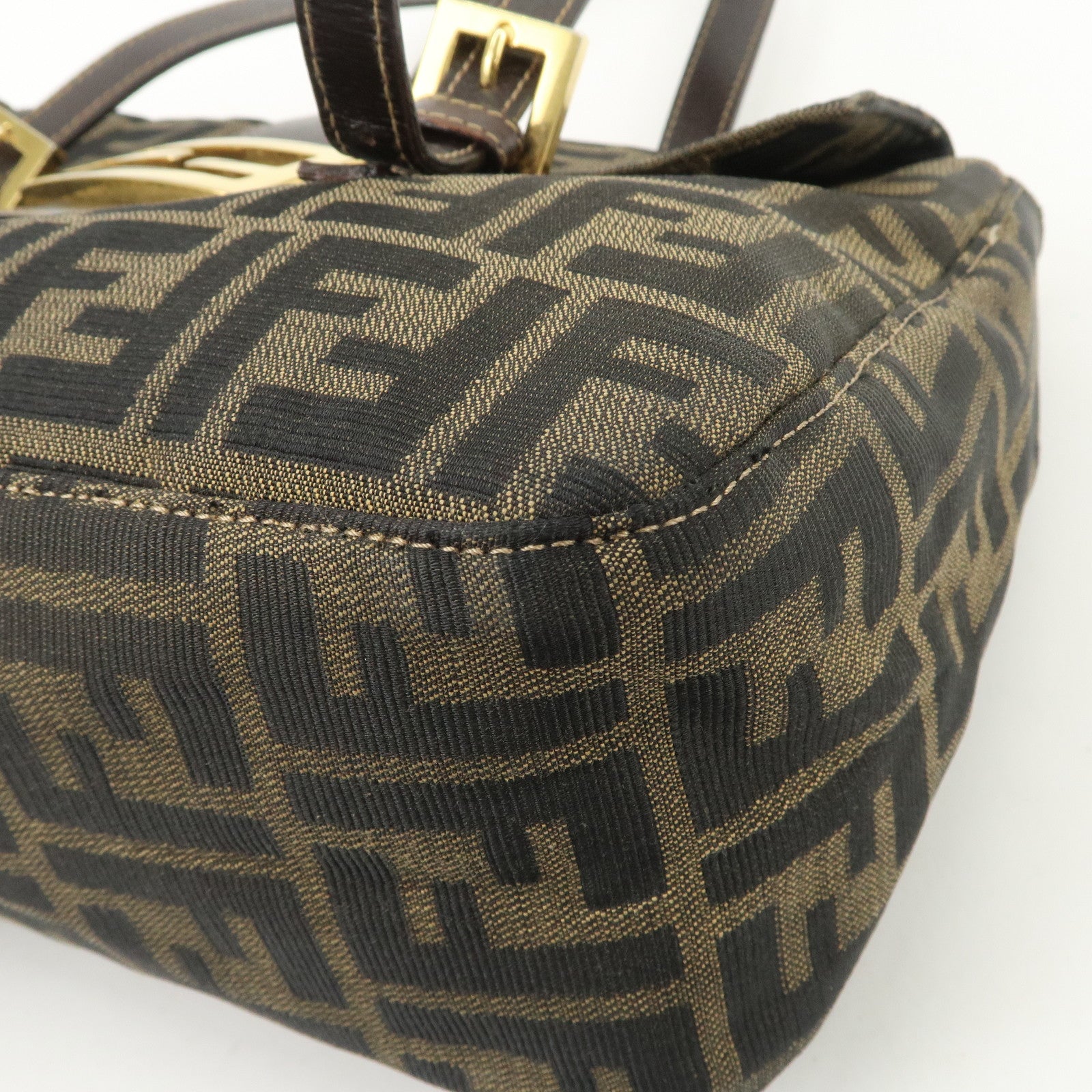 FENDI Zucca Canvas Leather Hand Bag Brown Black Gold Hardware Used
