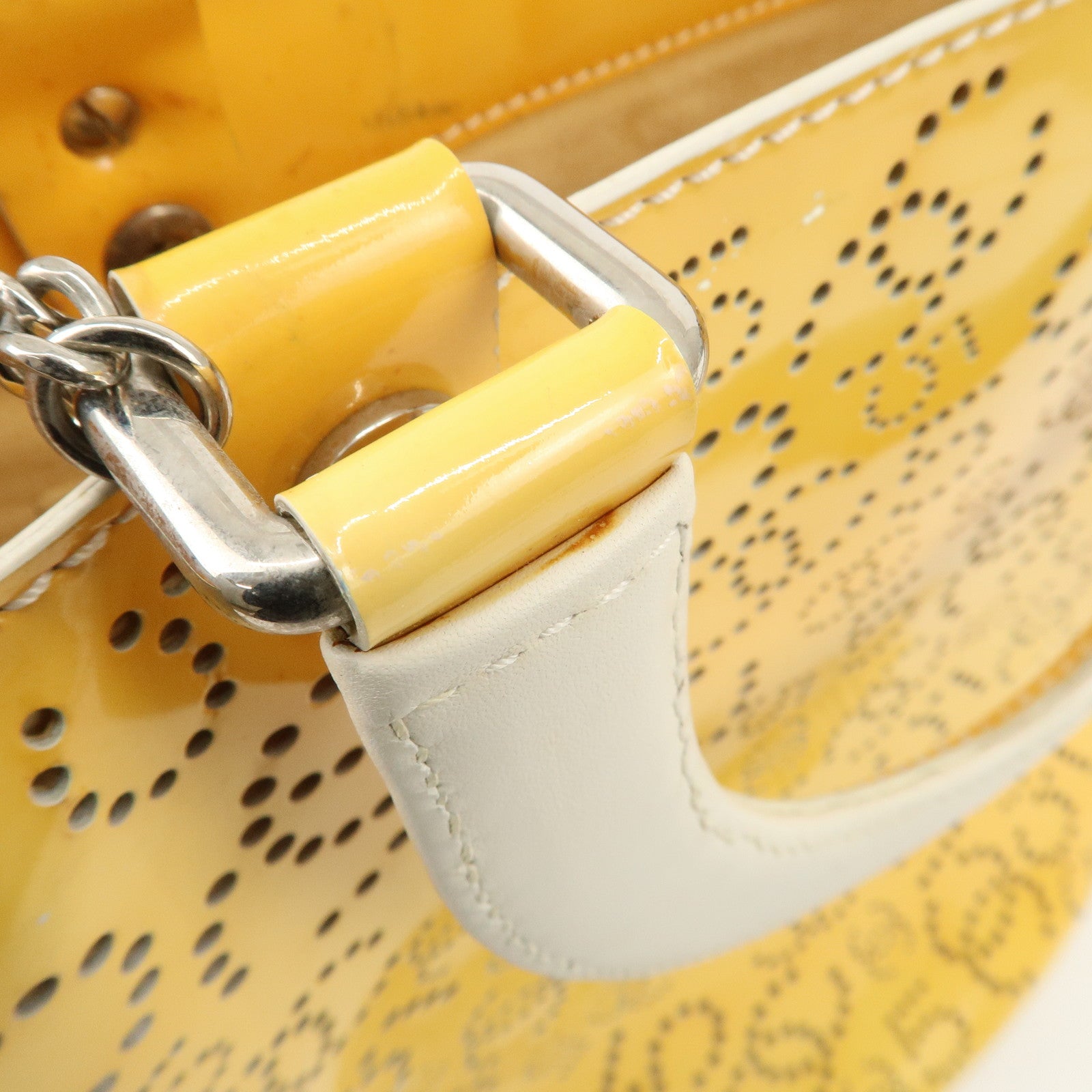 CHANEL COCO Mark No.5 Patent Leather Punching Hand Bag Yellow Used
