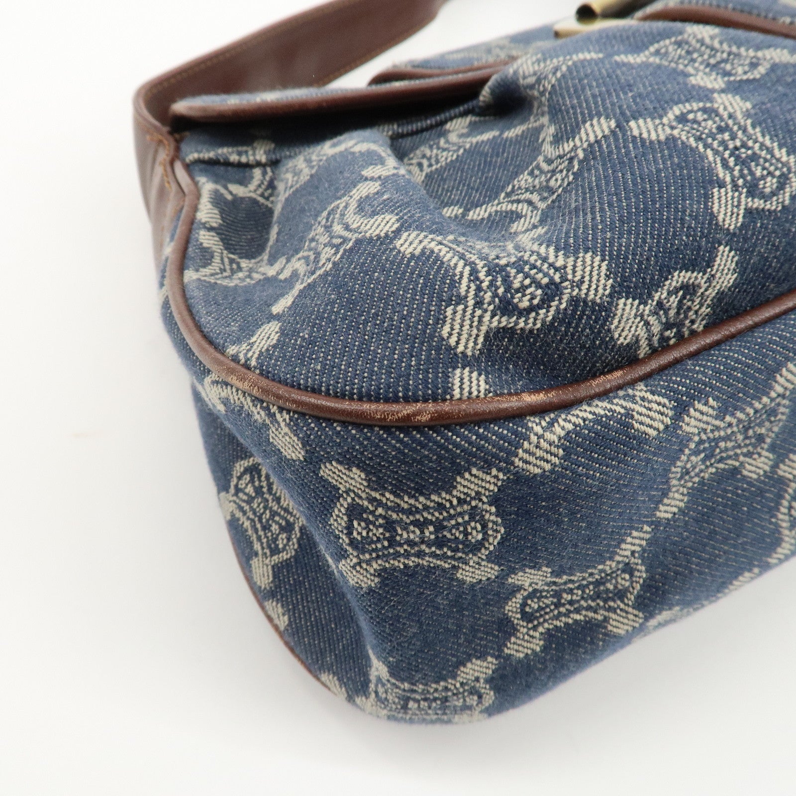 CELINE Macadam Denim Leather Shoulder Bag Blue Brown Used