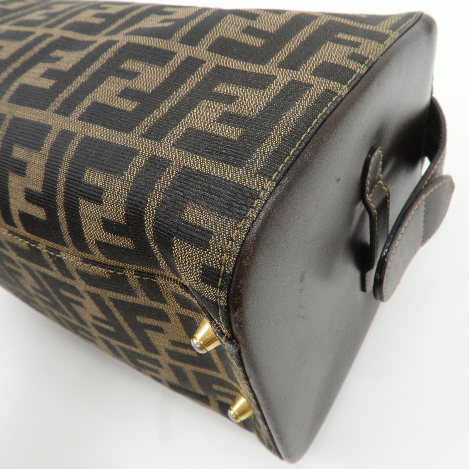 FENDI Zucca Canvas Leather Hand Bag Brown Black Used