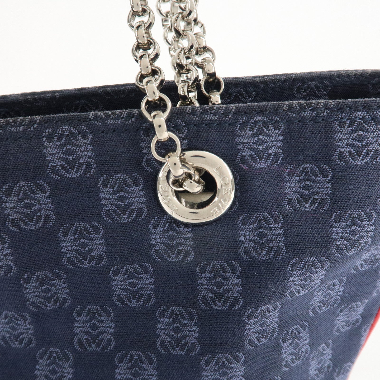 LOEWE Anagram Canvas Leather Chain Tote Bag Shoulder Bag Blue Used