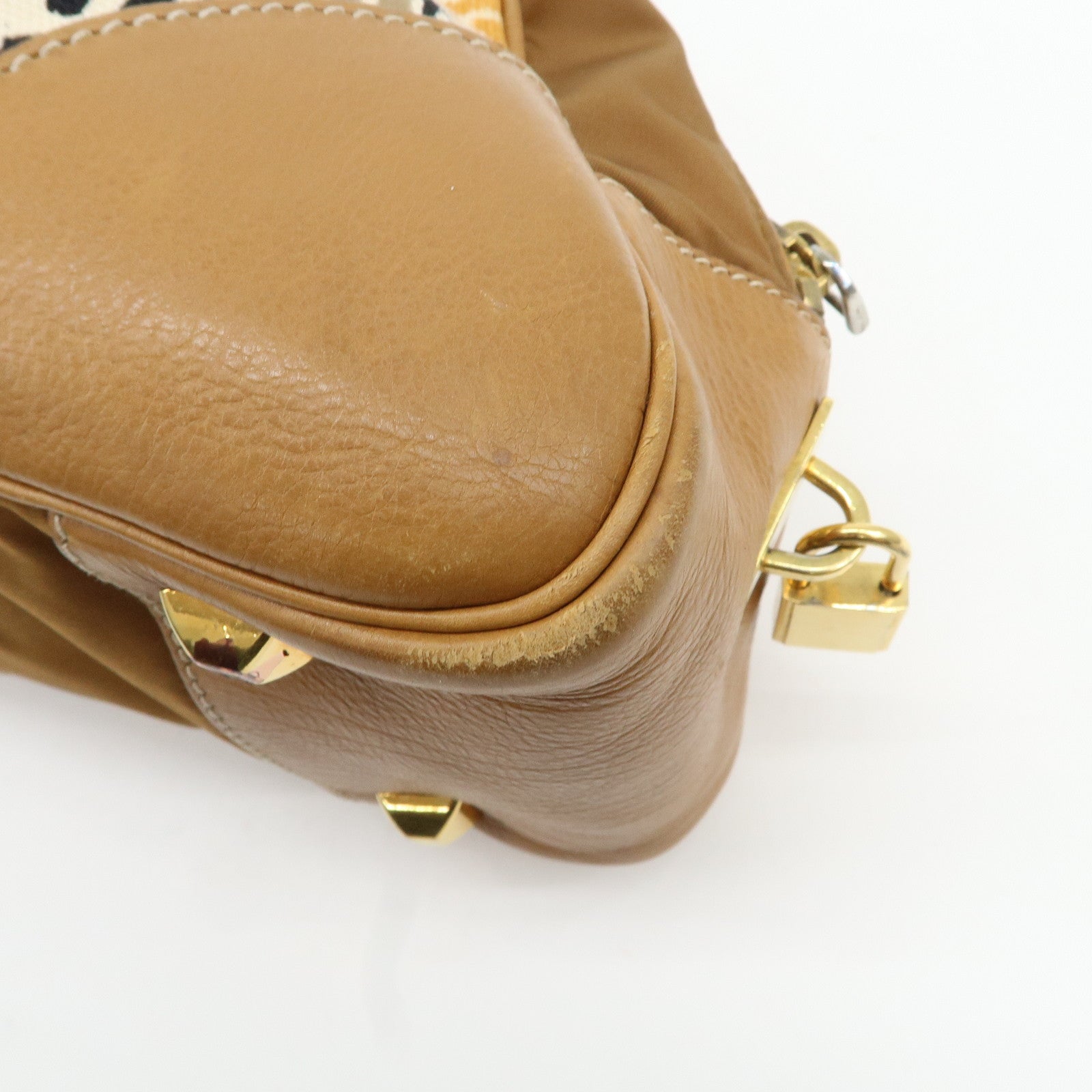 PRADA Logo Canvas Leather Nylon Shoulder Bag Boston Bag Brown Used