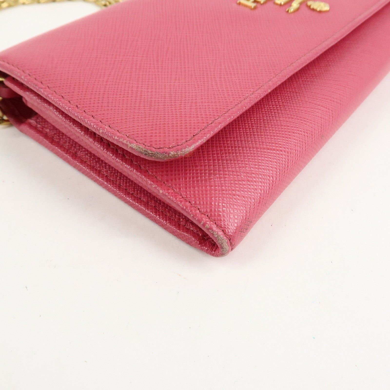 PRADA Saffiano Metal Chain Wallet Shoulder Bag Pink 1DH002 Used