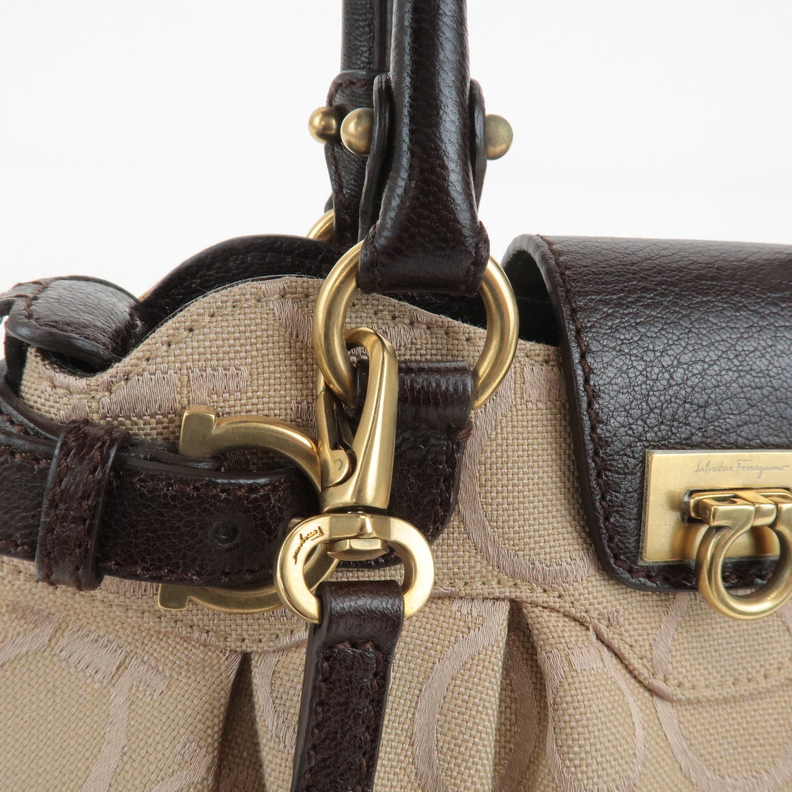 Ferragamo Gancini Canvas Leather 2Way Bag Beige Dark Brown Used