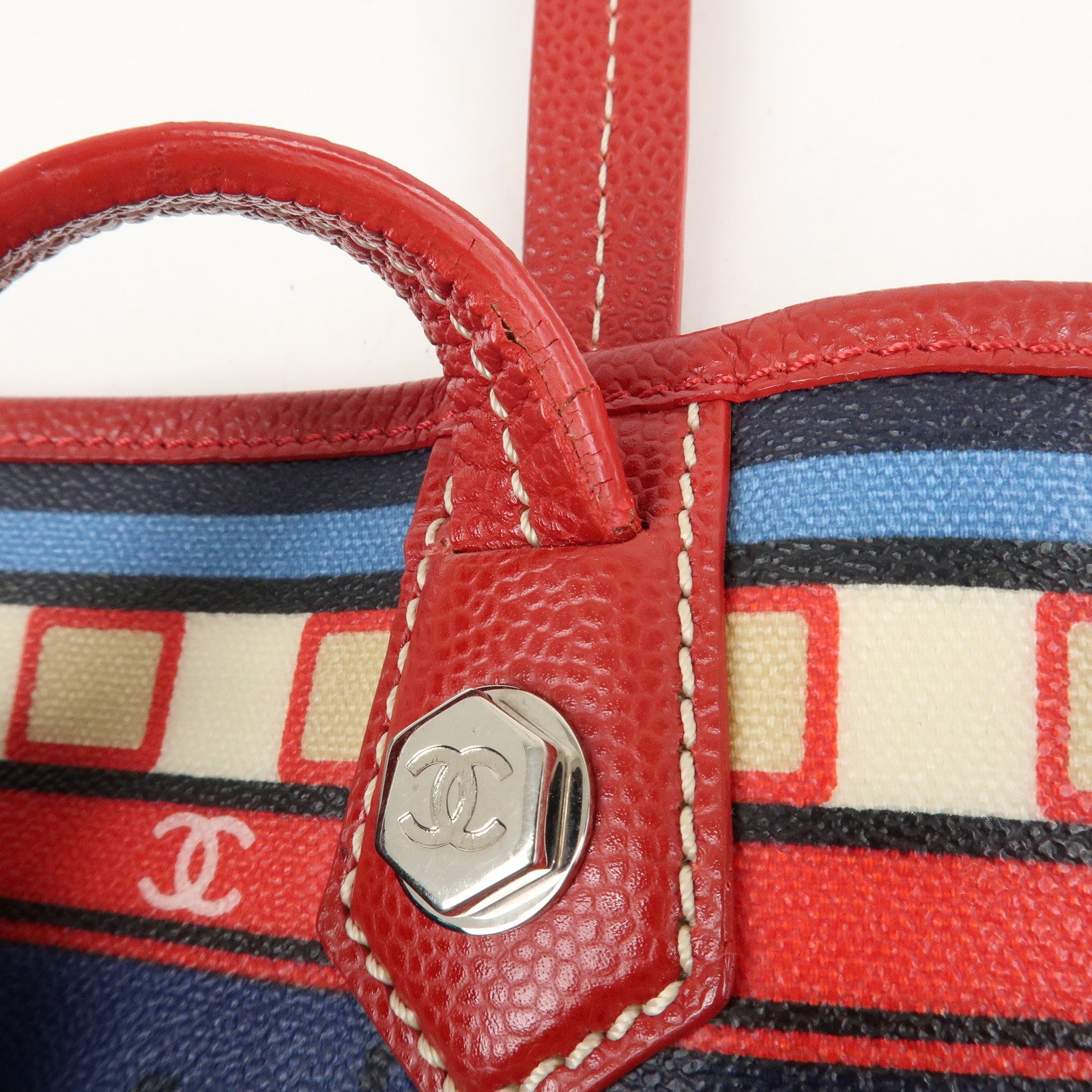 CHANEL PVC Leather Central Station Tote Bag Navy Red Used