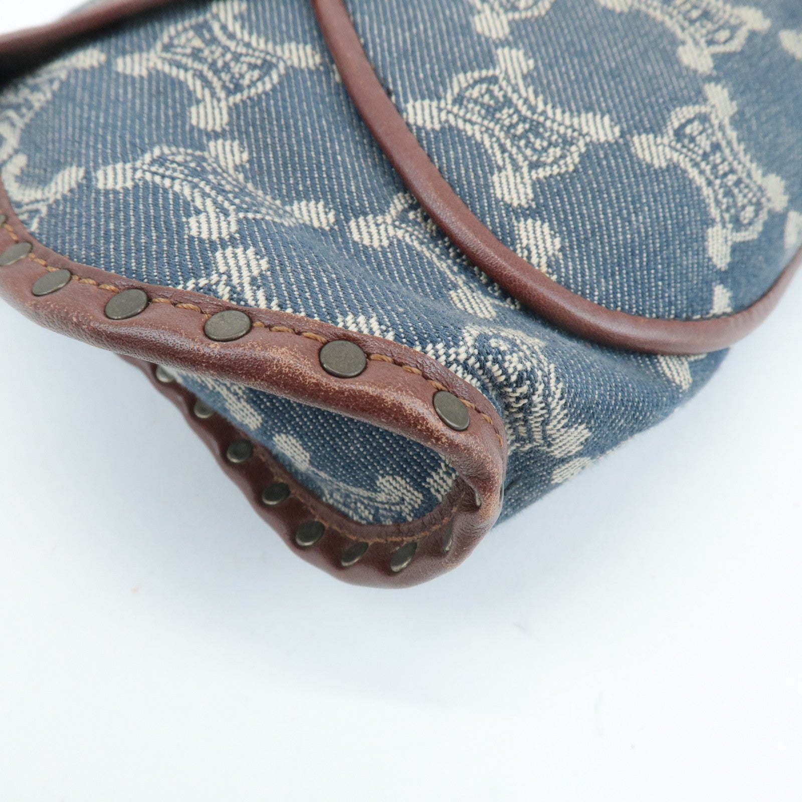 CELINE Macadam Denim Leather Shoulder Bag Blue Brown Used