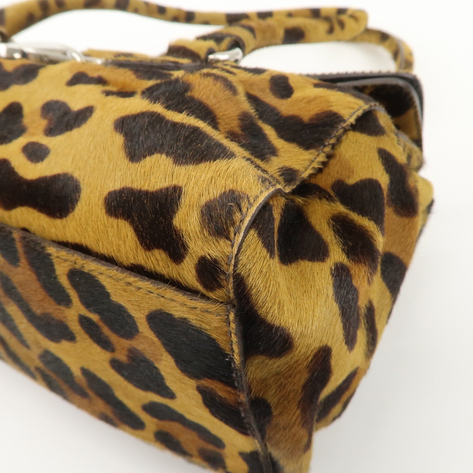 PRADA Logo Unborn Calf Leopard Shoulder Bag Hand Bag Brown Used