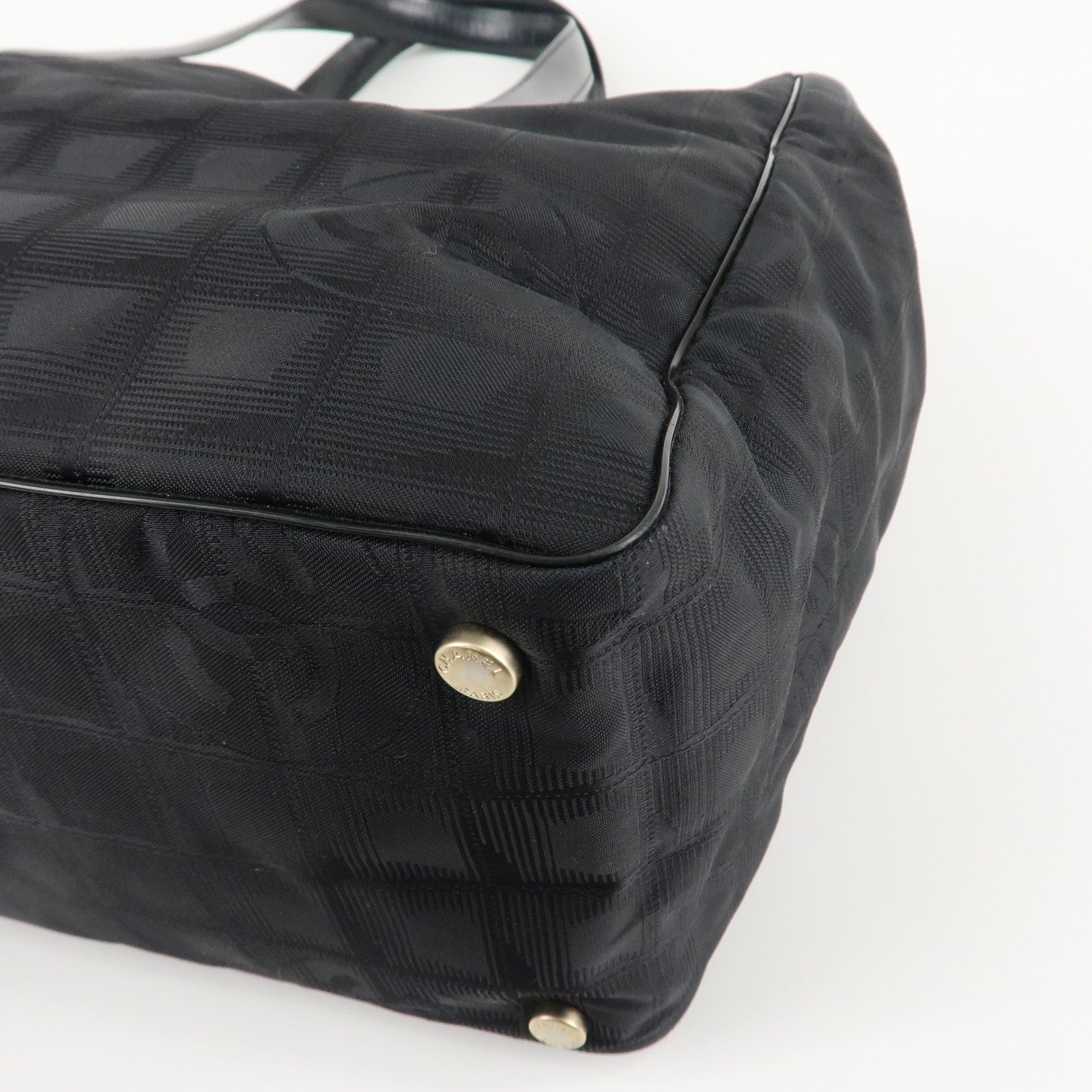 CHANEL New Travel Line Nylon Jacquard Leather Tote Bag MM Black A15991 Used