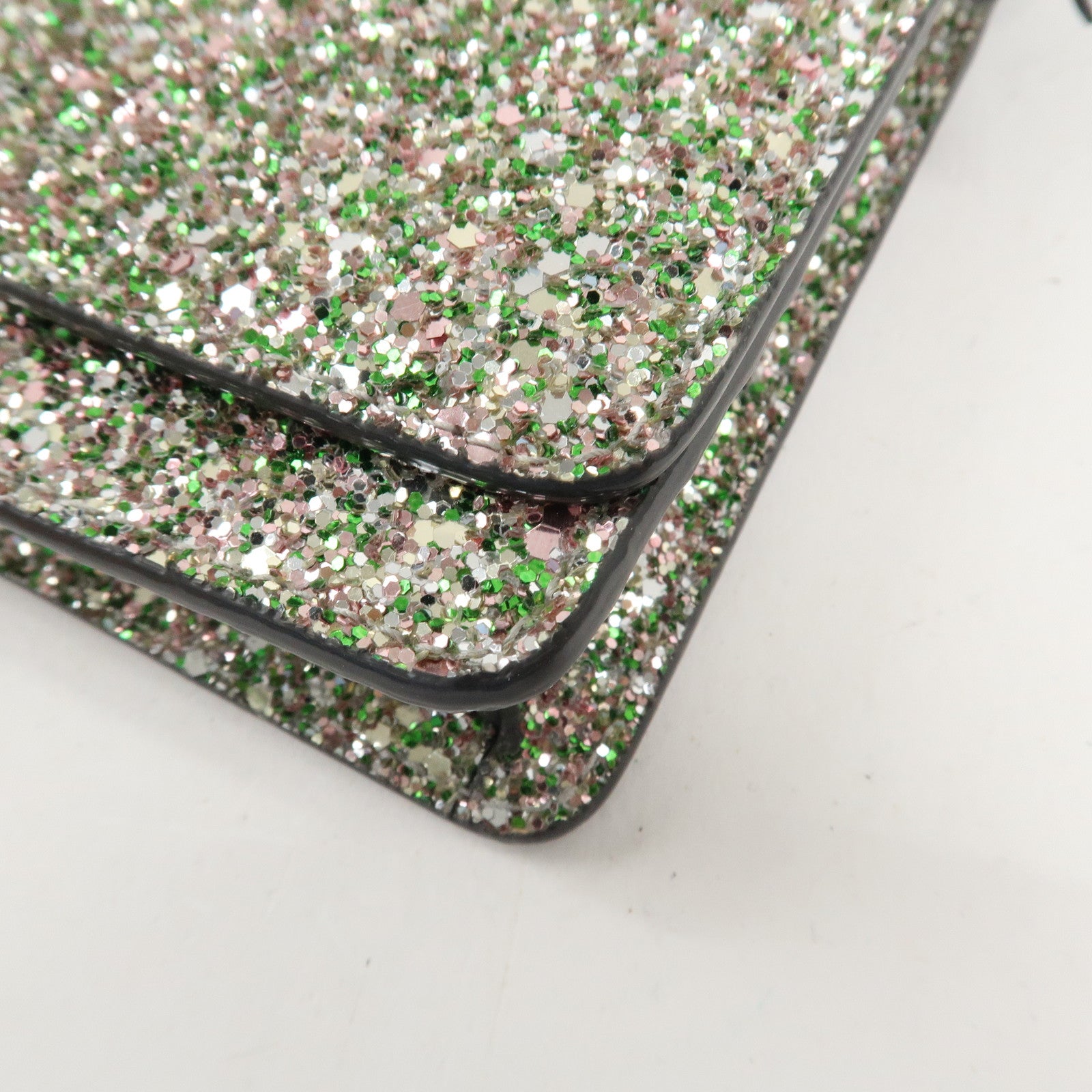 JIMMY CHOO Glitter Leather Shoulder Wallet Bag Green Silver Used