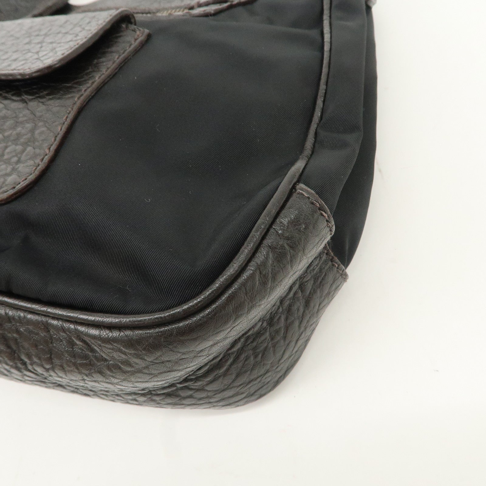 PRADA Nylon Leather Shoulder Bag Black Dark Brown BR1973 Used