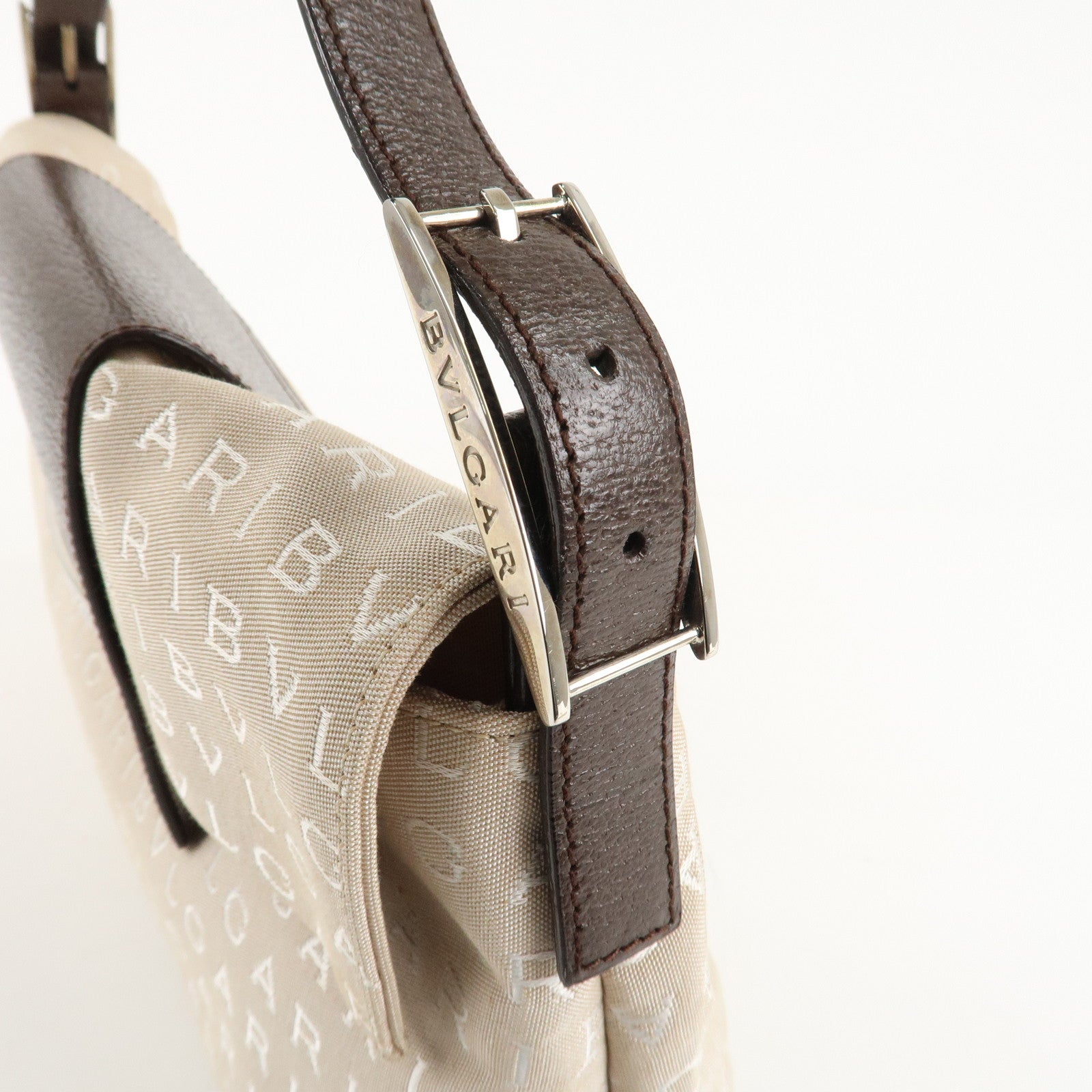 BVLGARI Logo Mania Canvas Leather Hand Bag Shoulder Bag Beige Used