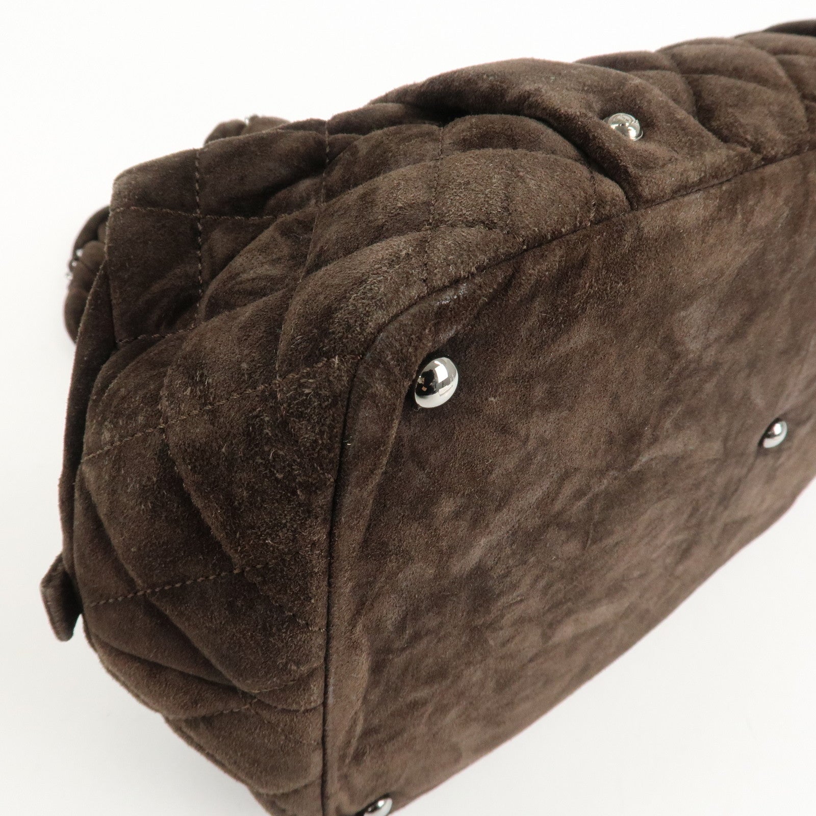 CHANEL Matelasse Suede Boston Bag Brown Silver Hardware Used