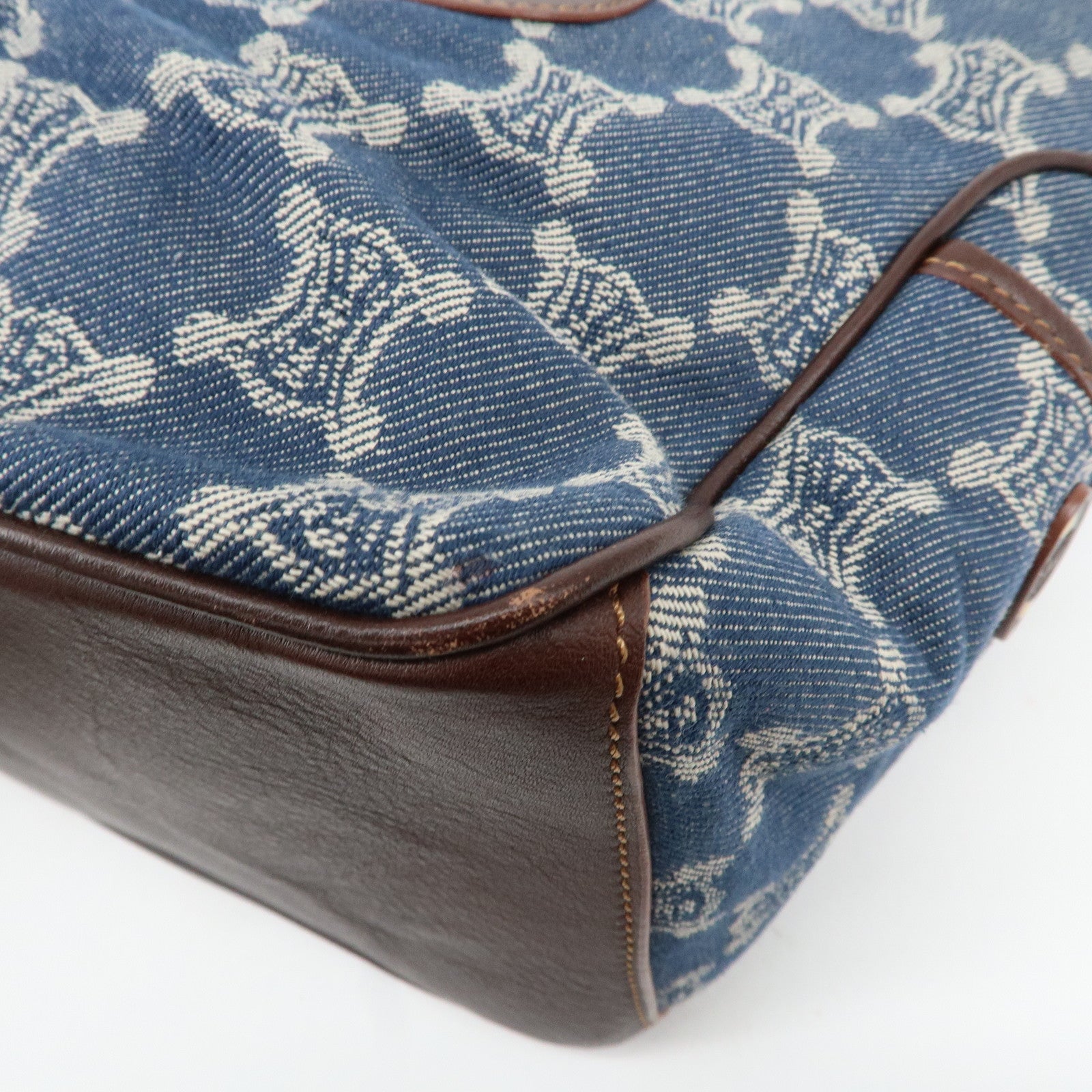 CELINE Macadam Denim Canvas Leather Boogie Bag Tote Bag Blue Brown Used