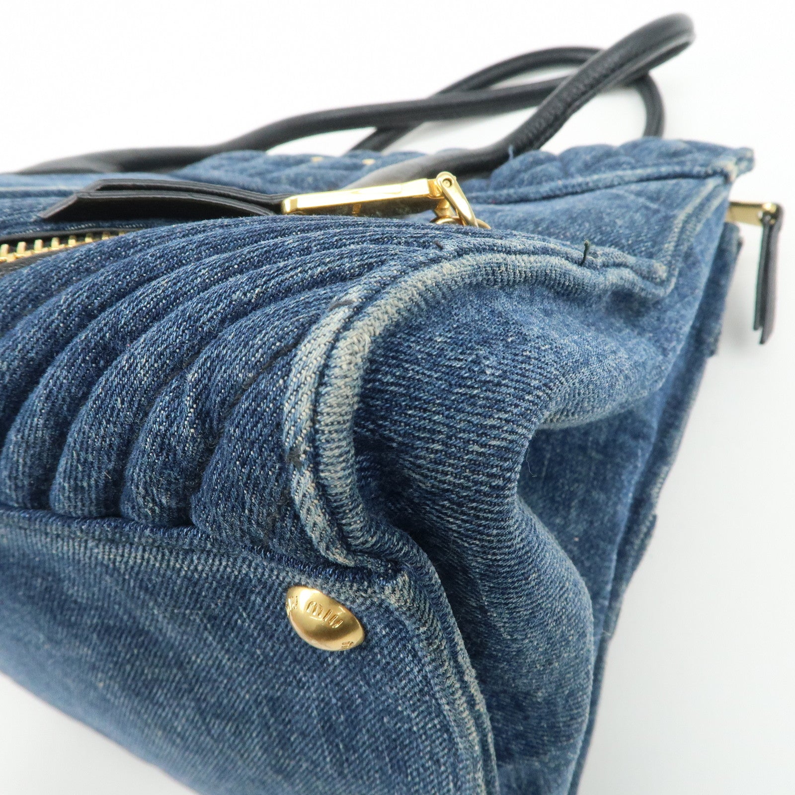 MIU MIU Denim Leather Biker 2Way Tote Bag Blue Black RN1031 Used