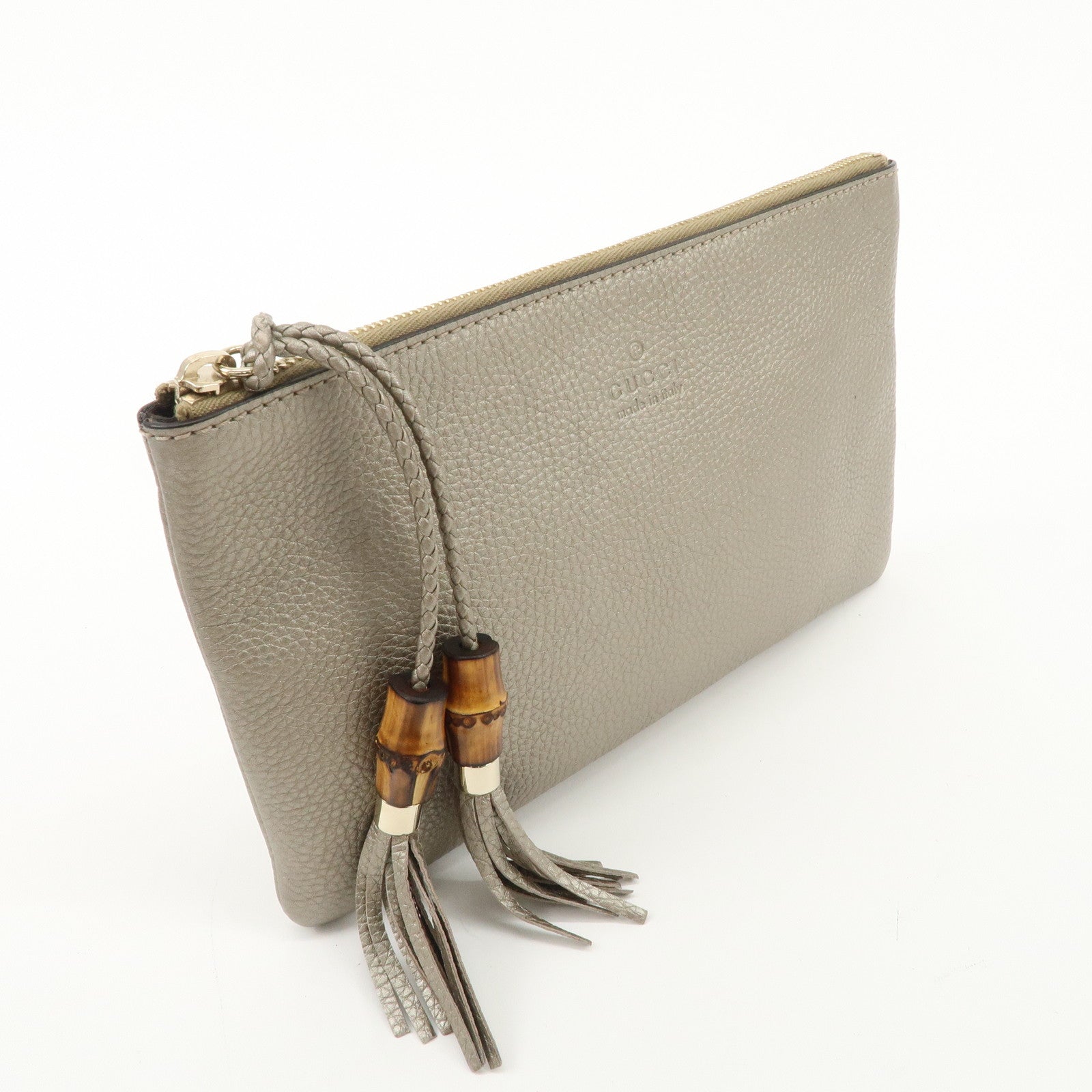 GUCCI Bamboo Leather Tassel Pouch Champaigne Beige 376854 Used
