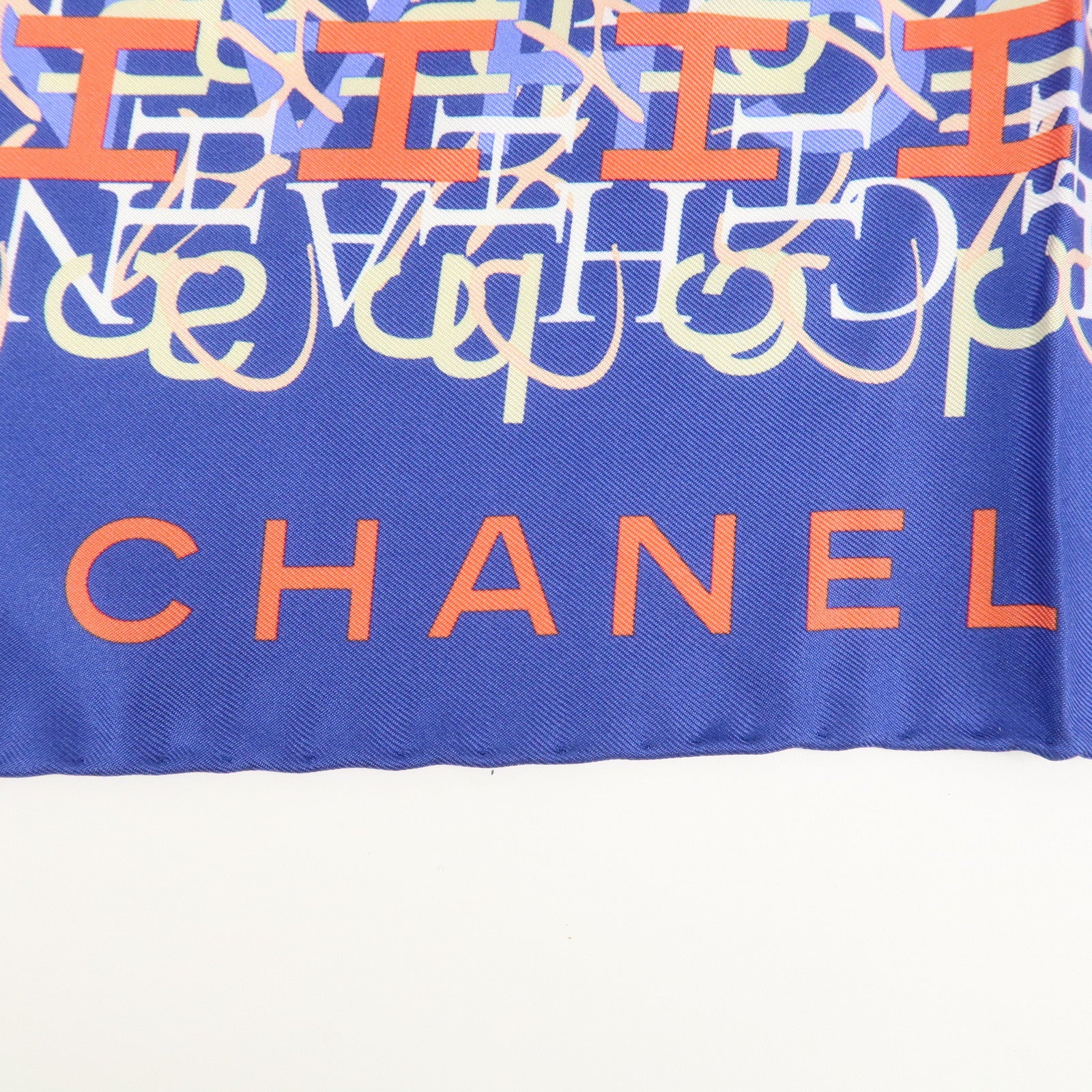 CHANEL Silk 100% Scarf CHANLE Logo Print Blue Used