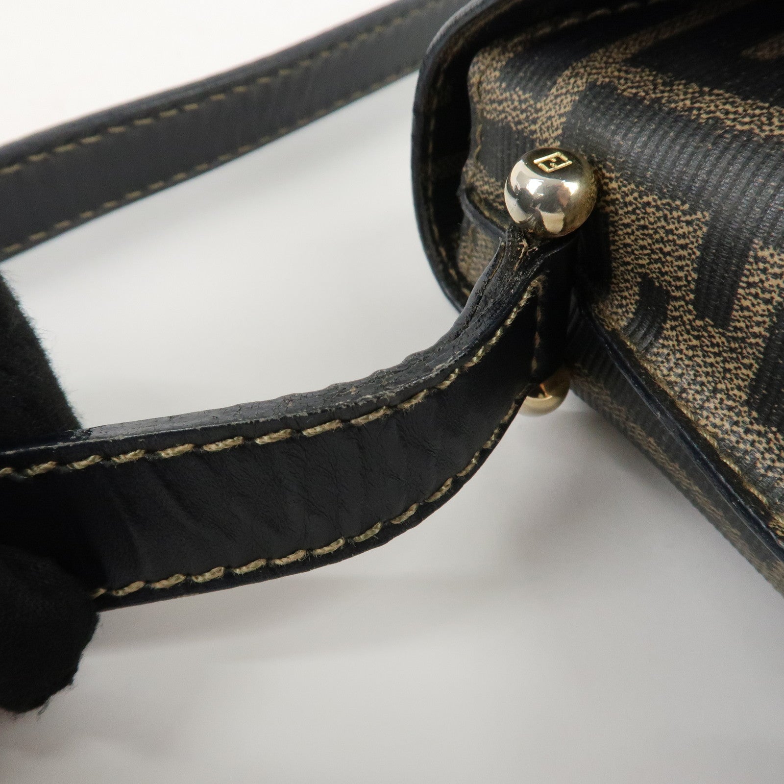 FENDI Zucca Logo Print PVC Leather Shoulder Bag Black Brown Used