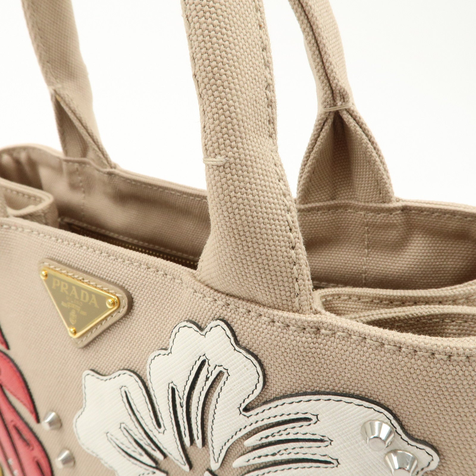 PRADA Hibiscus Canapa Mini Canvas Leather 2Way Bag Beige 1BG439 Used