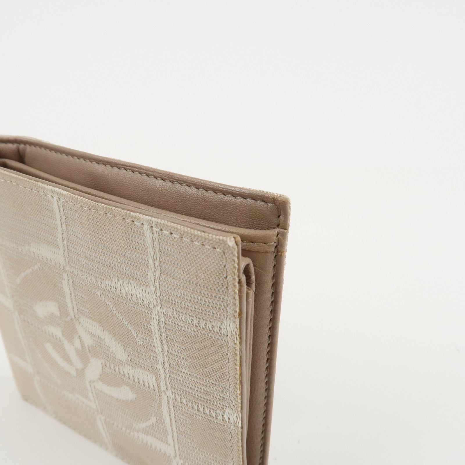 CHANEL New Travel Line Nylon Jacquard Bi-hold Compact Wallet Beige Used