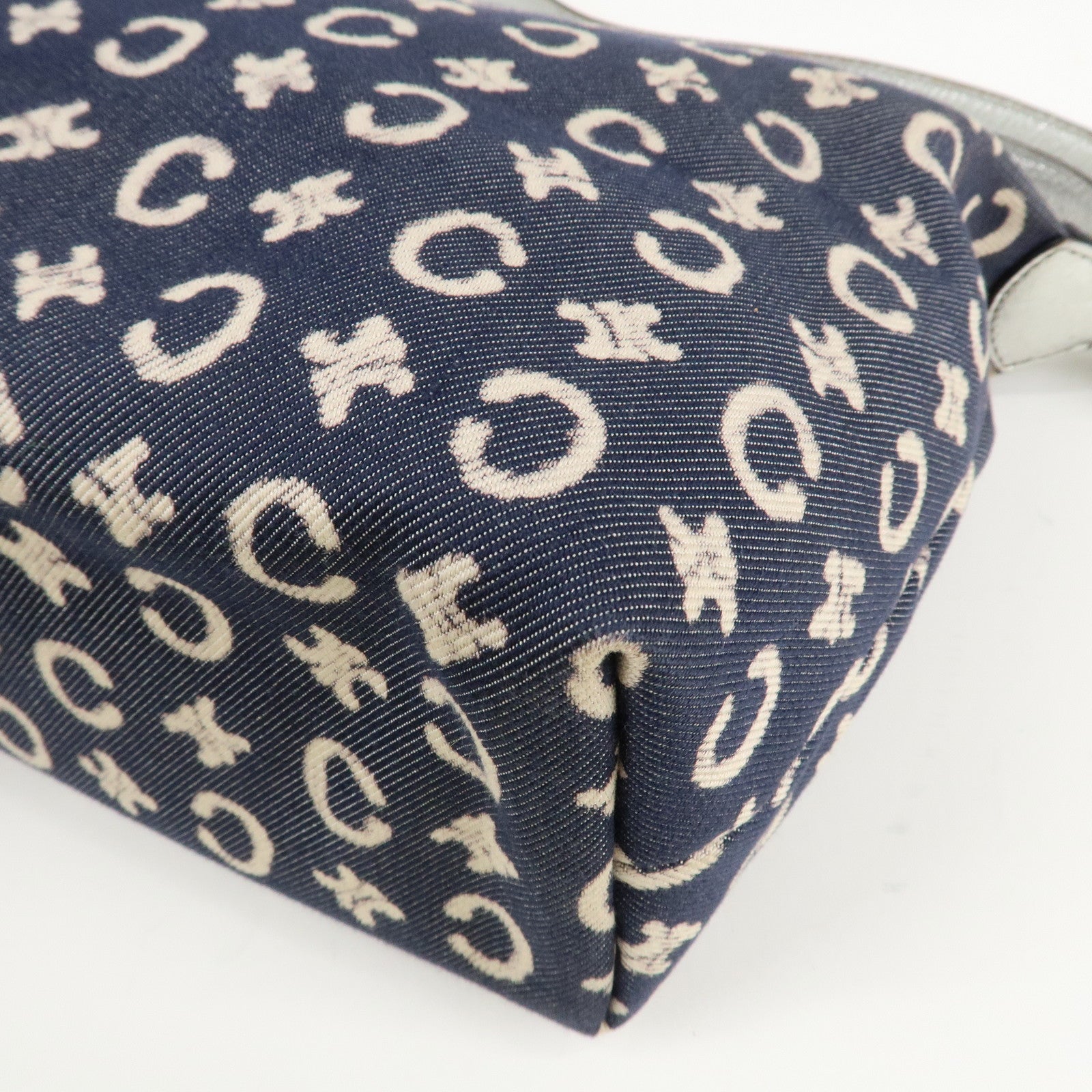 CELINE C Macadam Canvas Leather Shoulder Bag Navy Silver Used