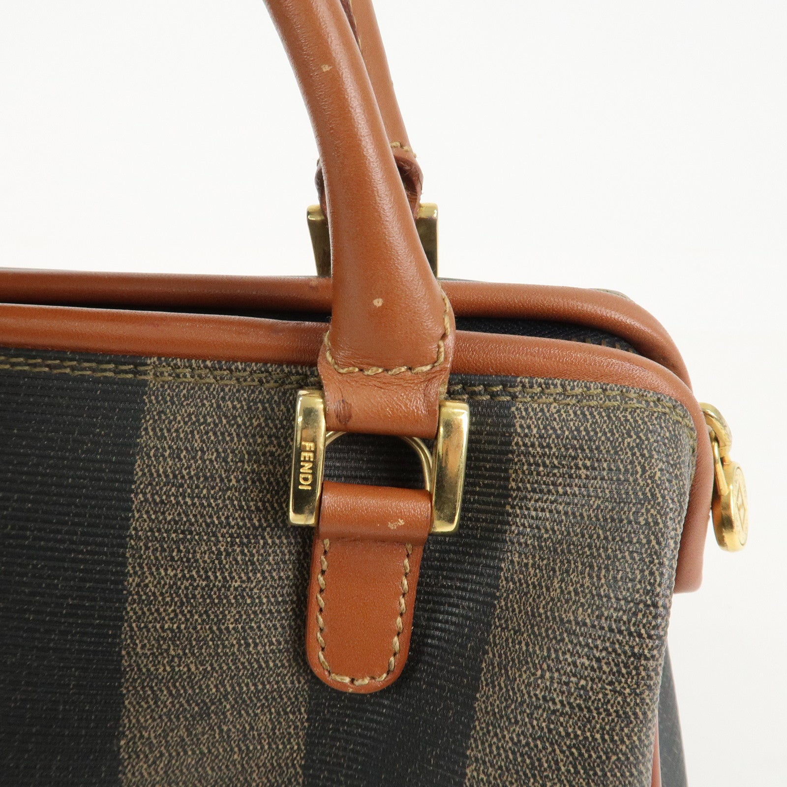 FENDI Pequin PVC Leather Mini Boston Bag Khaki Brown Black Used