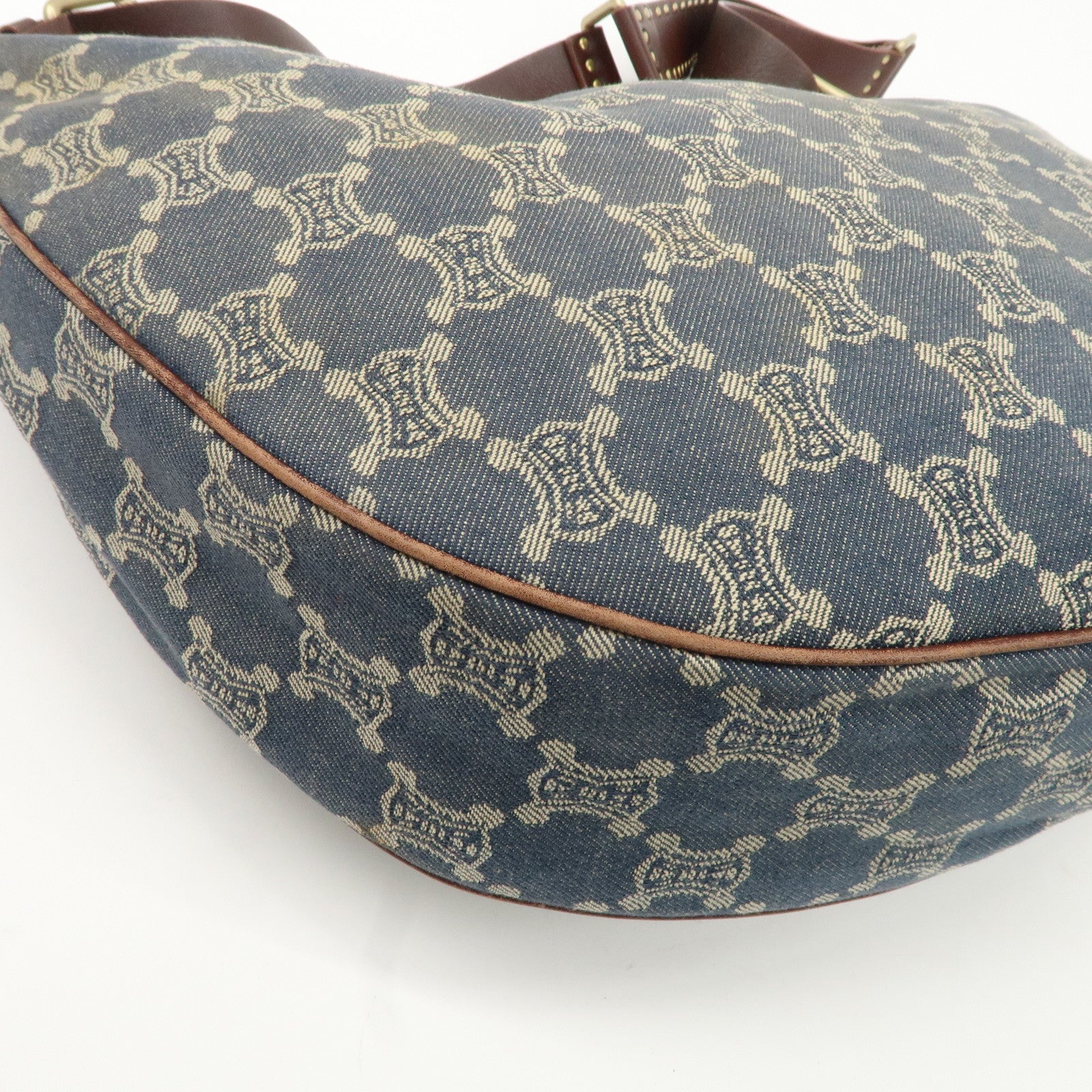 CELINE Macadam Canvas Leather Shoulder Bag Blue Brown Used