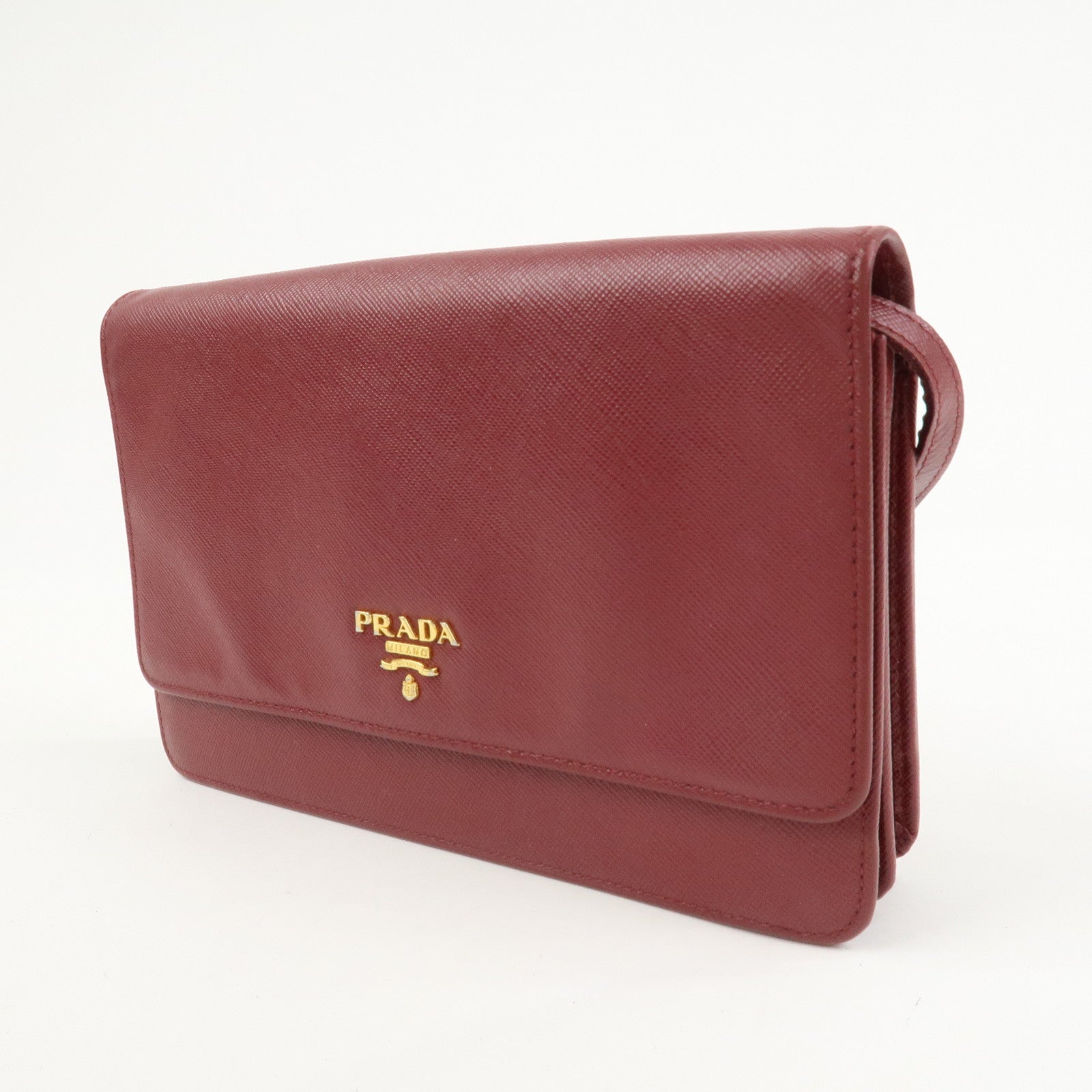PRADA Saffiano Leather Shoulder Wallet Red Gold BT1019