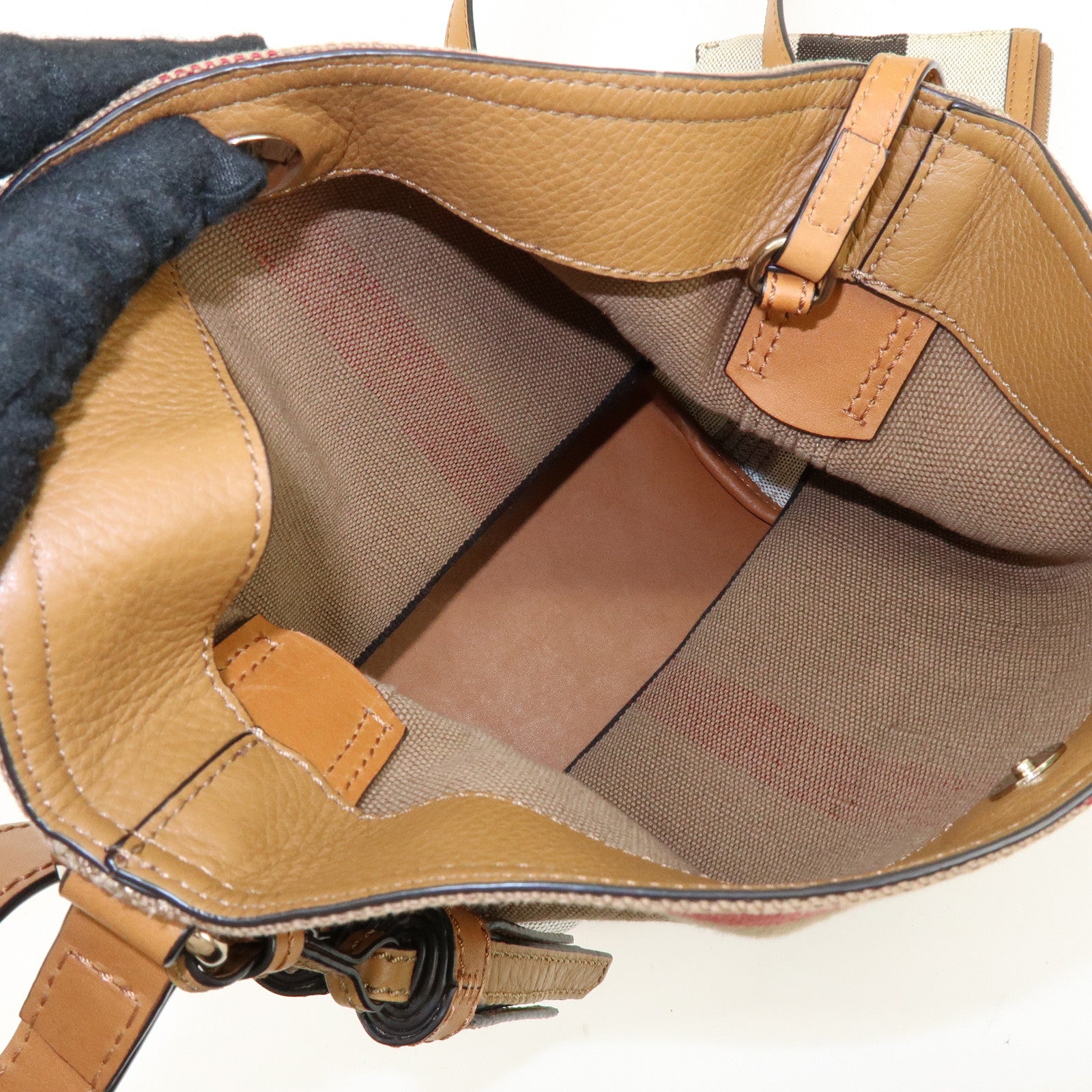 BURBERRY Nova Plaid Canvas Leather Tassel Shoulder Bag Beige Camel