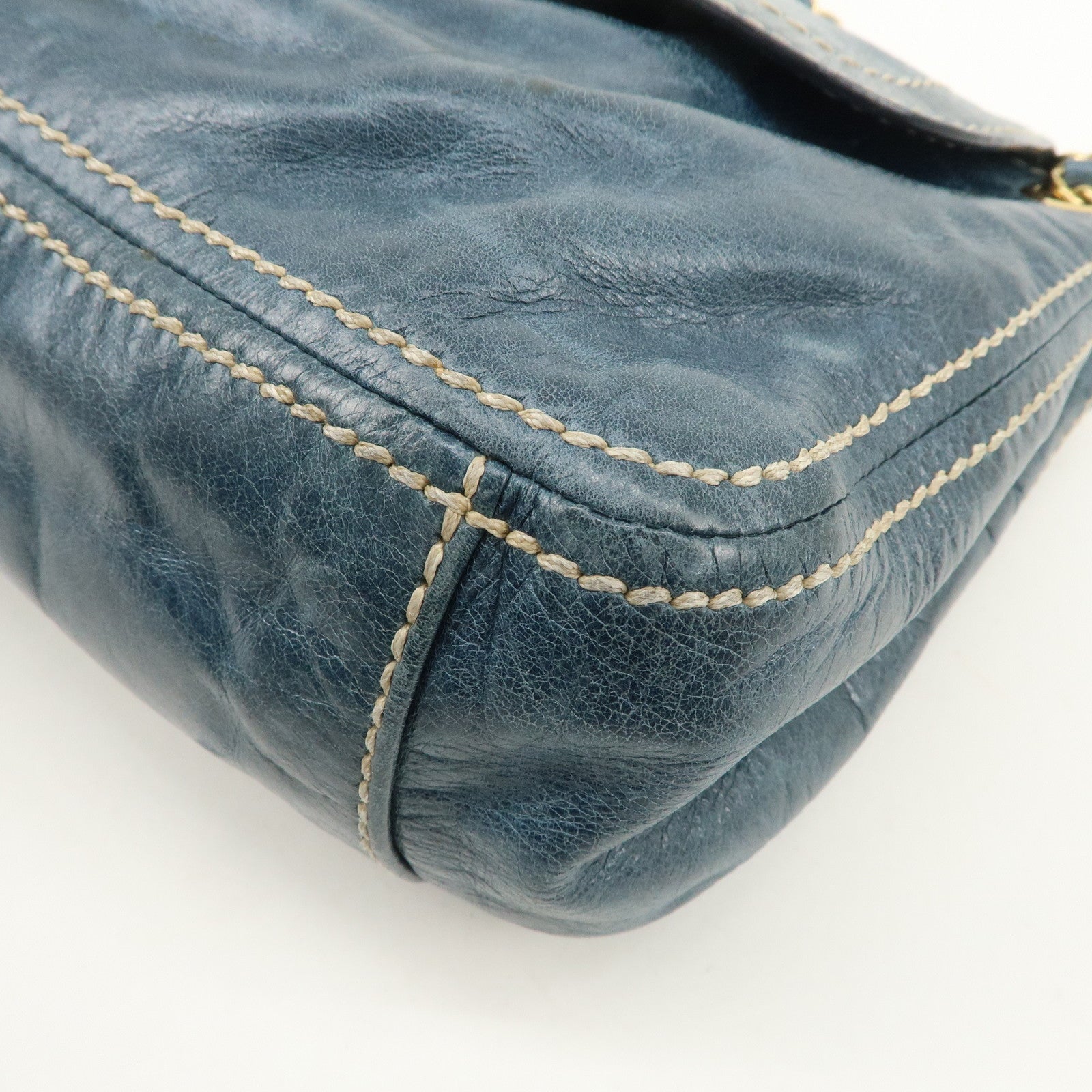 PRADA Leather Chain Shoulder Bag Blue Gold Hardware BR4659 Used