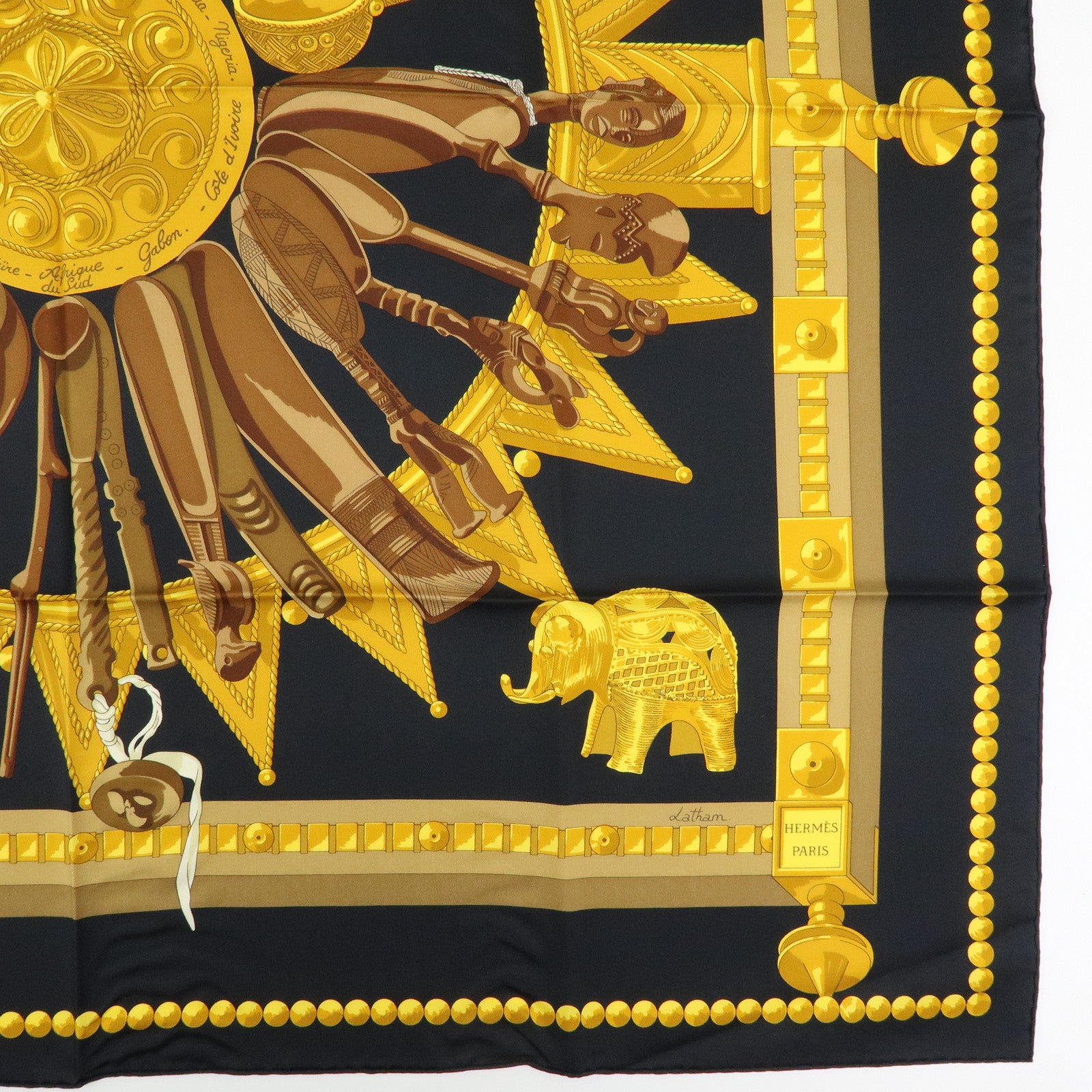 HERMES Carre 90 Silk 100% Scarf CUILLERS D'AFRIQUE Black Gold
