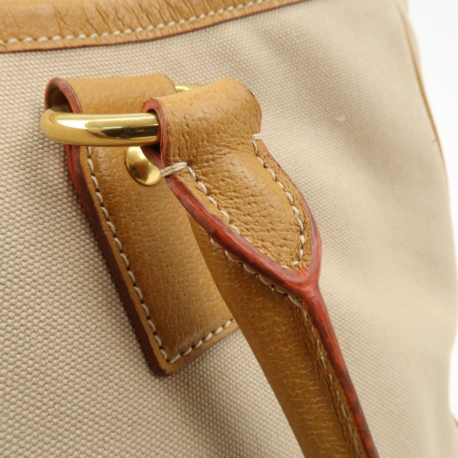 PRADA Triangle Logo Leather Canvas 2 Way Tote Bag Beige Brown