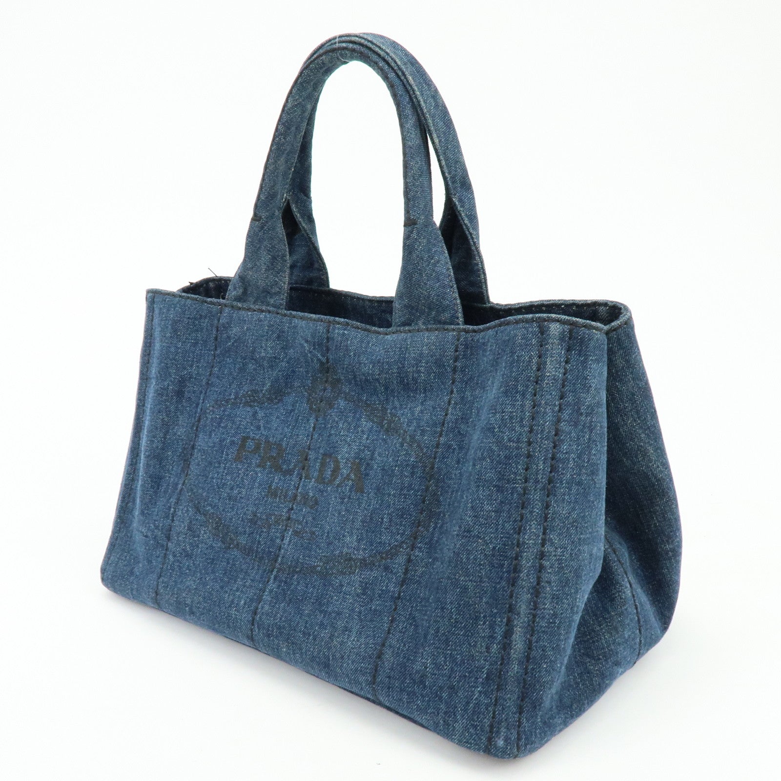 PRADA Canapa Tringle Logo Canvas Denim Tote Hand Bag Blue B1877B