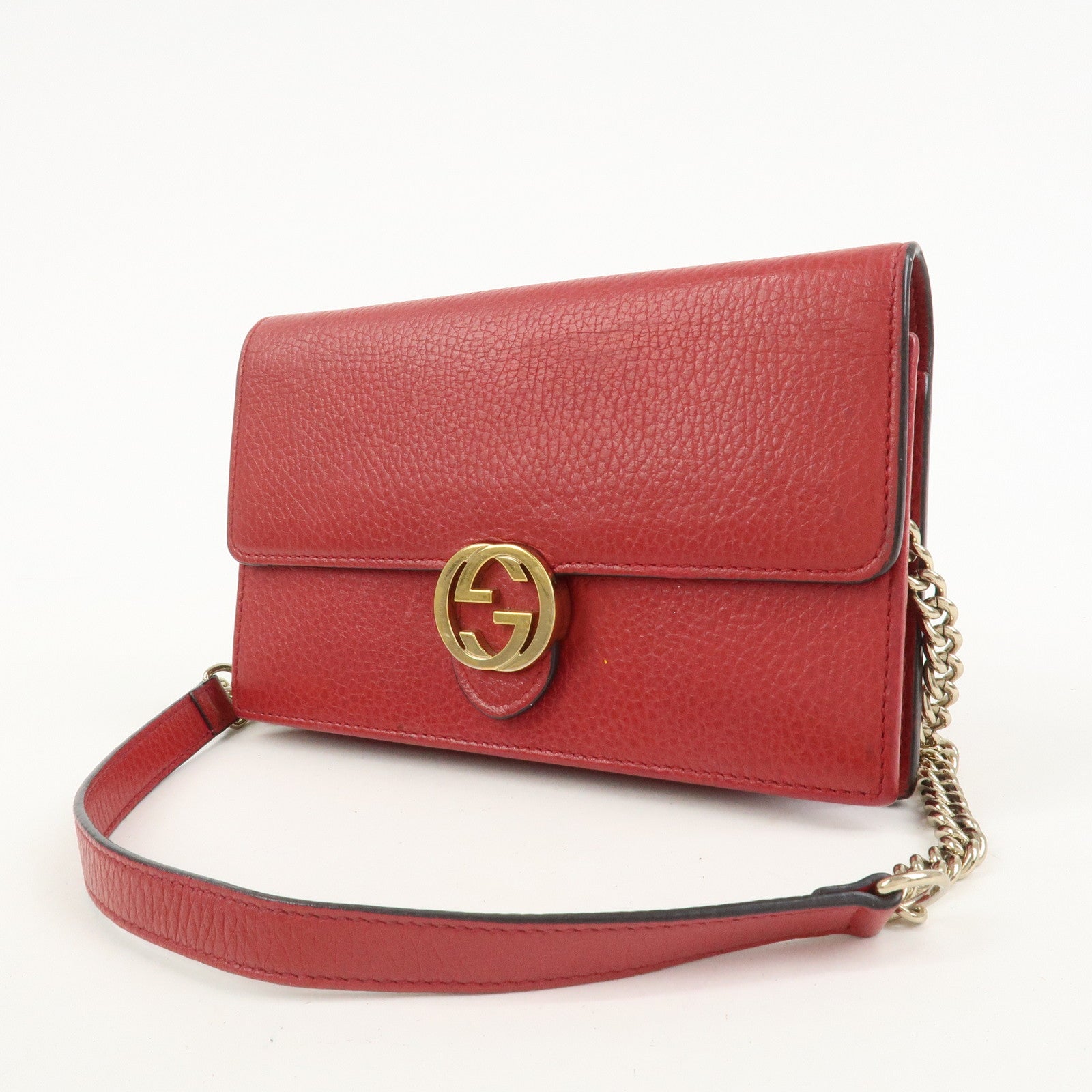 GUCCI Interlocking G Leather Chain Wallet Shoulder Bag Red 510314