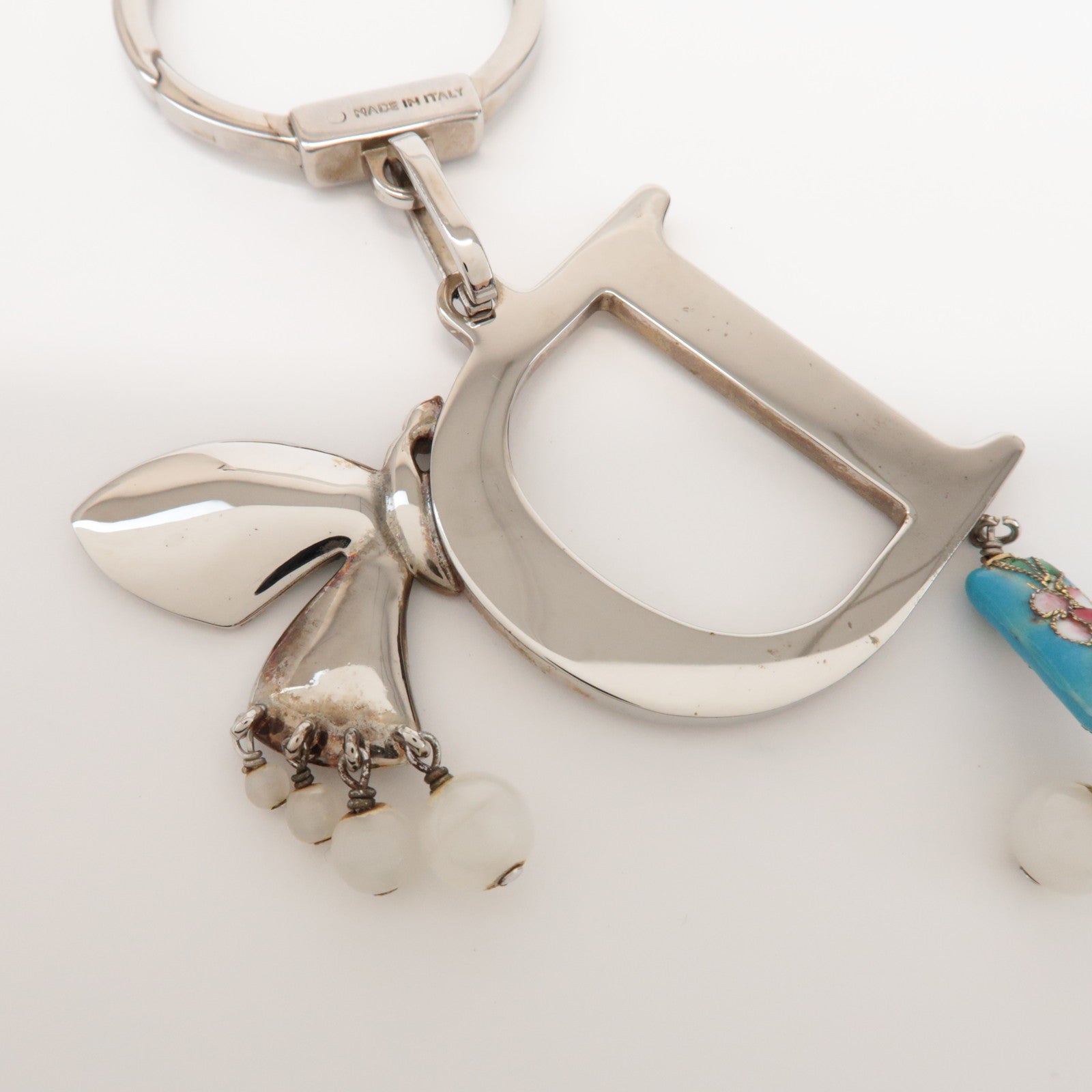 Christian Dior Metal Leather Butterfly Bag Charm Key Chain White