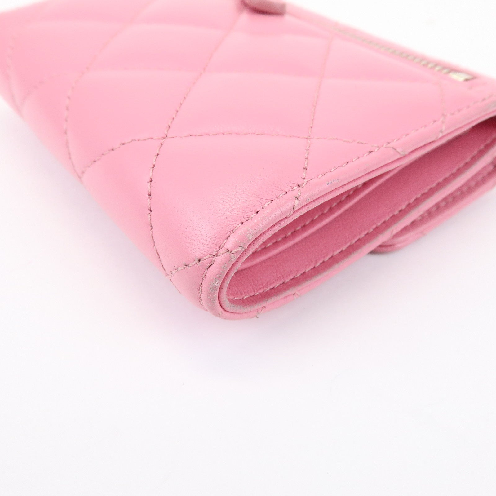 CHANEL Matelasse Lamb Skin Small Tri-Fold Wallet Pink AP0231