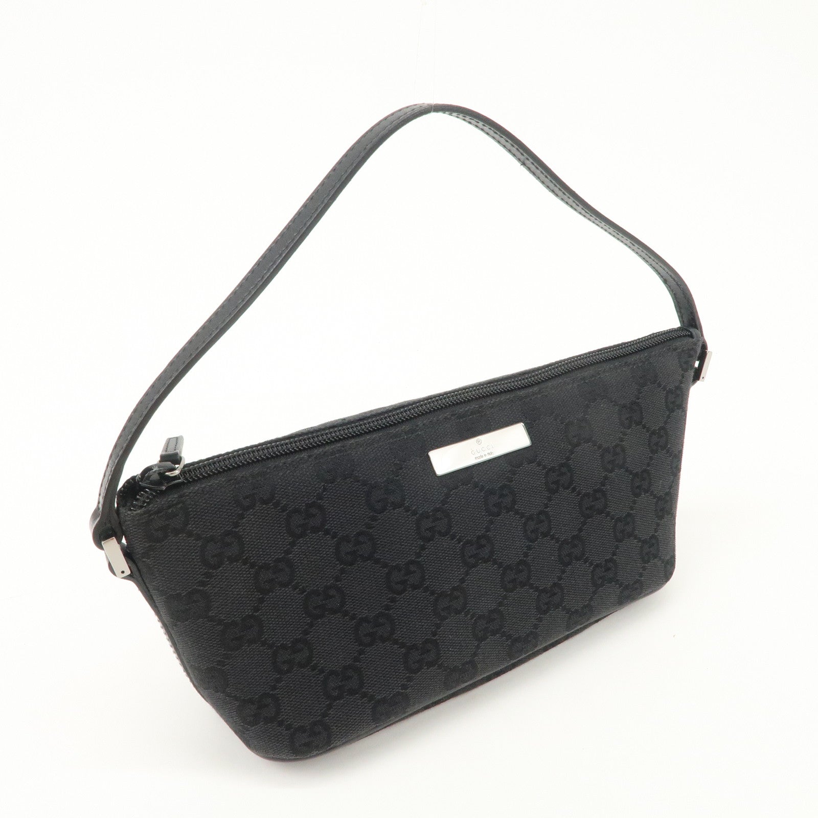 GUCCI Boat Bag GG Canvas Leather Hand Bag Pouch Black 07198