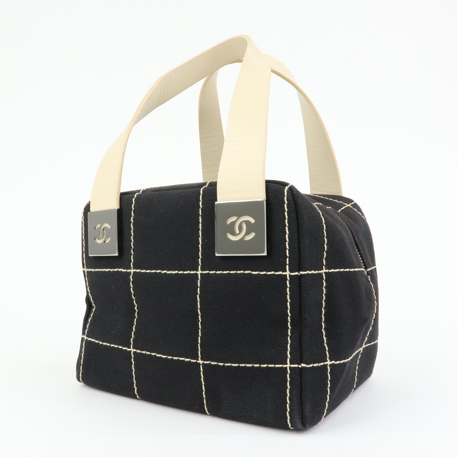 CHANEL Chocolate Bar Canvas Leather Hand Bag Black Ivory