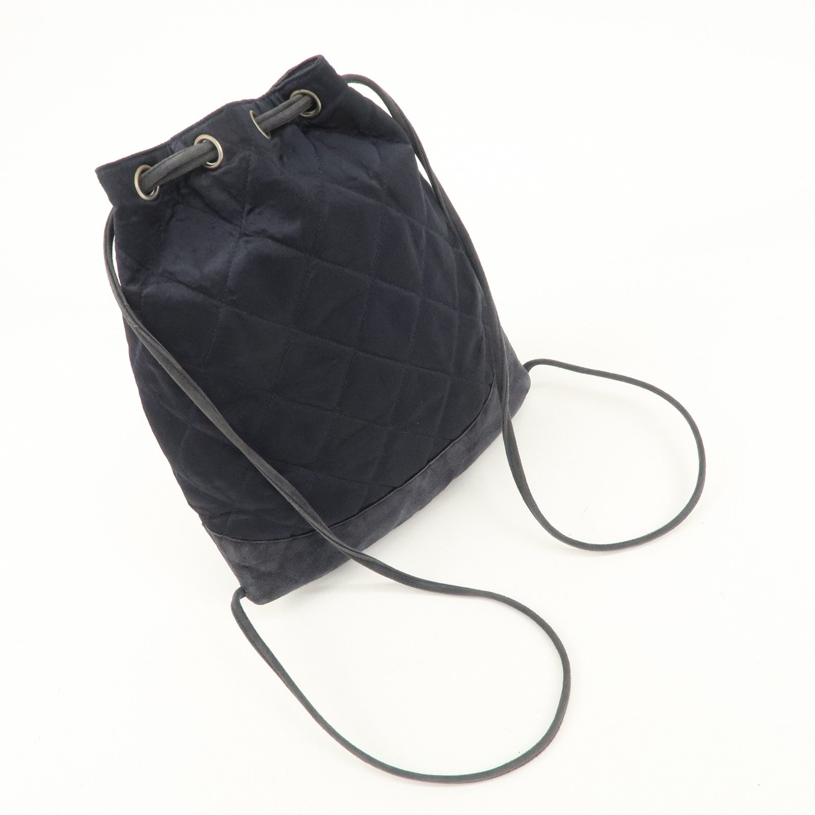 CHANEL Matelasse Satin Suede Drawstring Back Pack Black Used