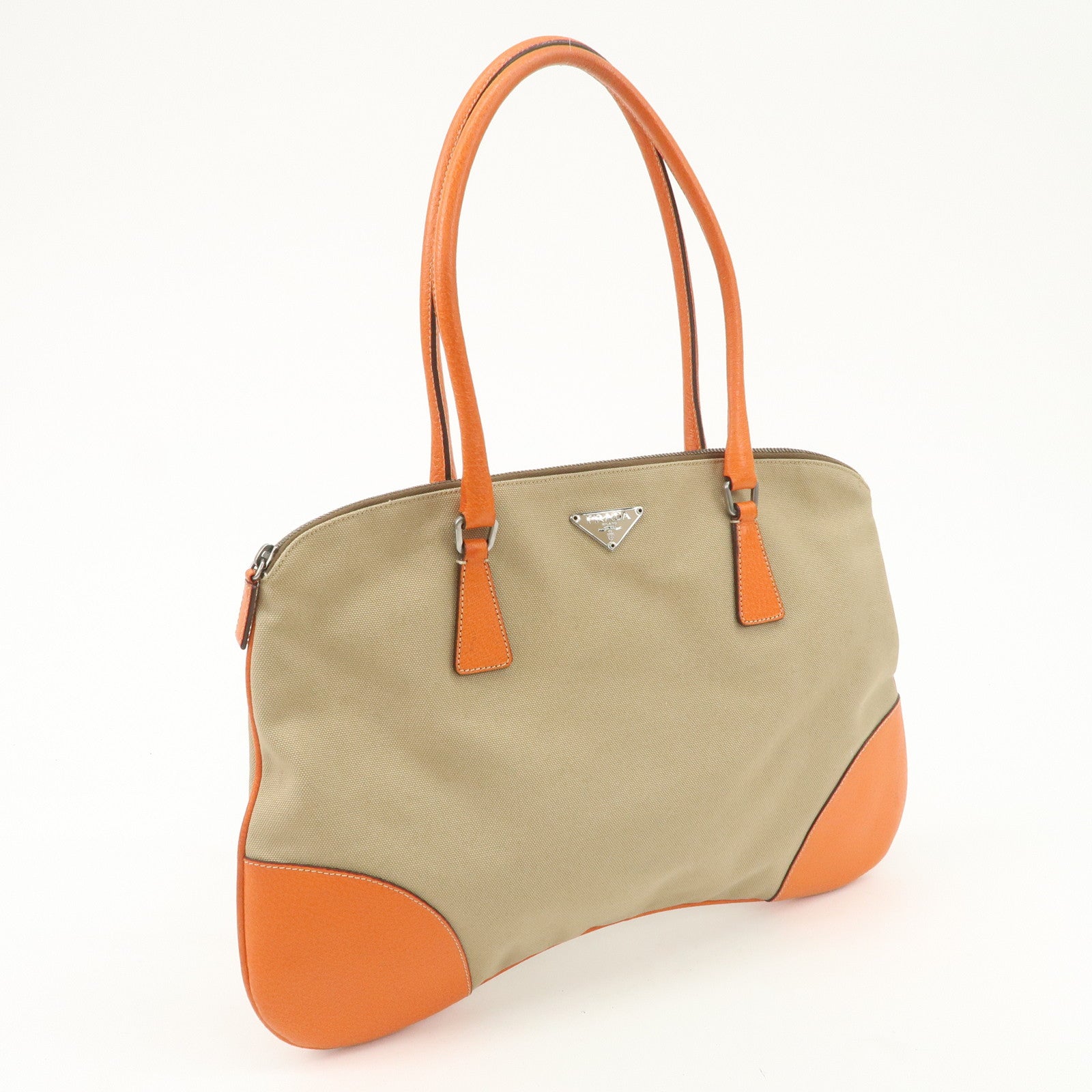 PRADA Triangle Logo Canvas Leather Shoulder Bag Orange Beige Used