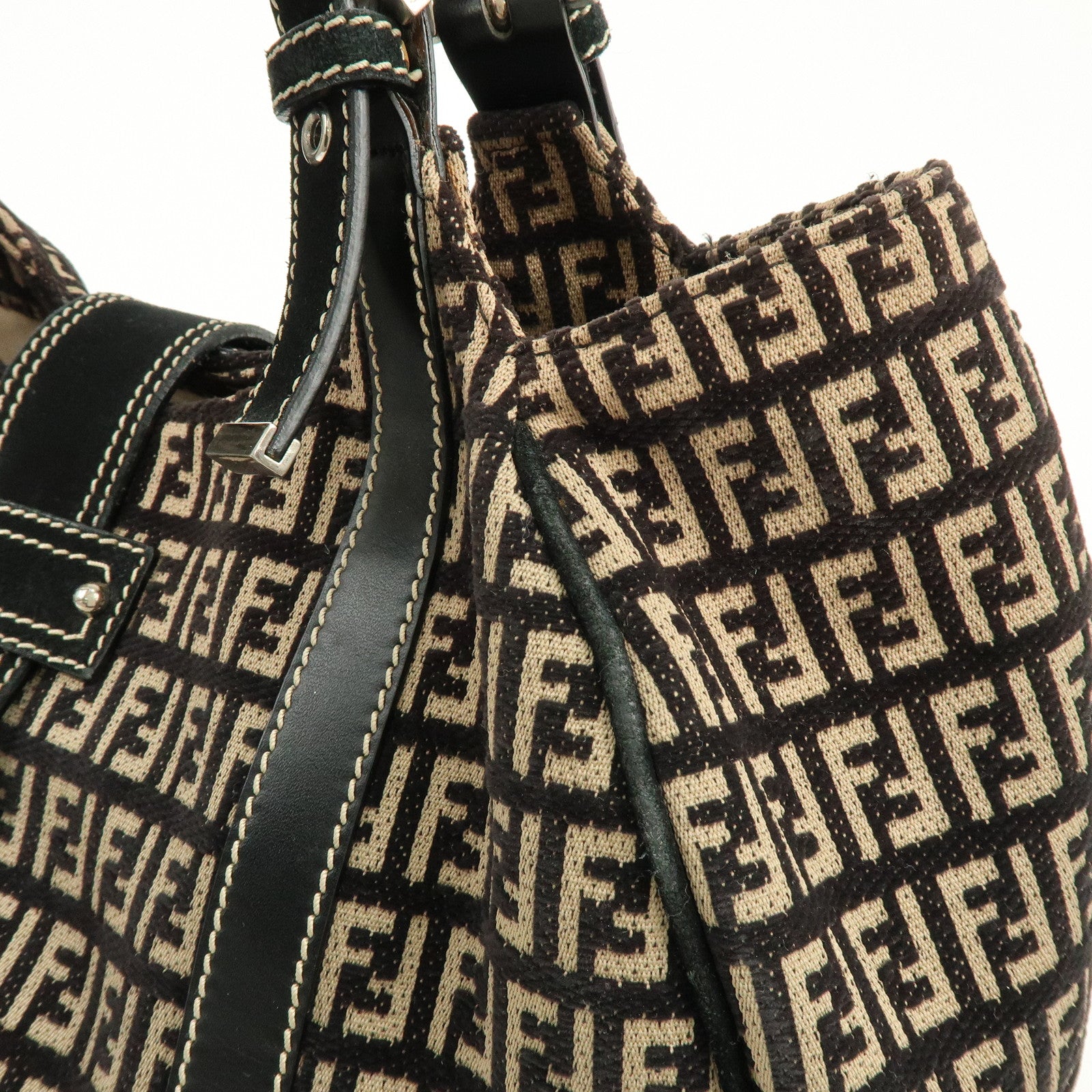 FENDI Zucchino Canvas Suede Leather Tote Bag Black Beige 8BR091