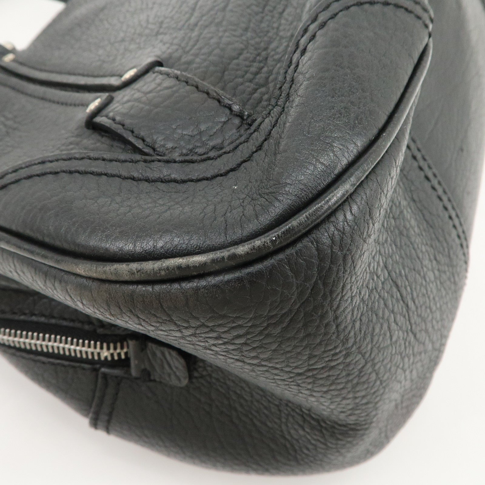 CELINE Leather Boston Bag Hand Bag Black Silver Hardware Used