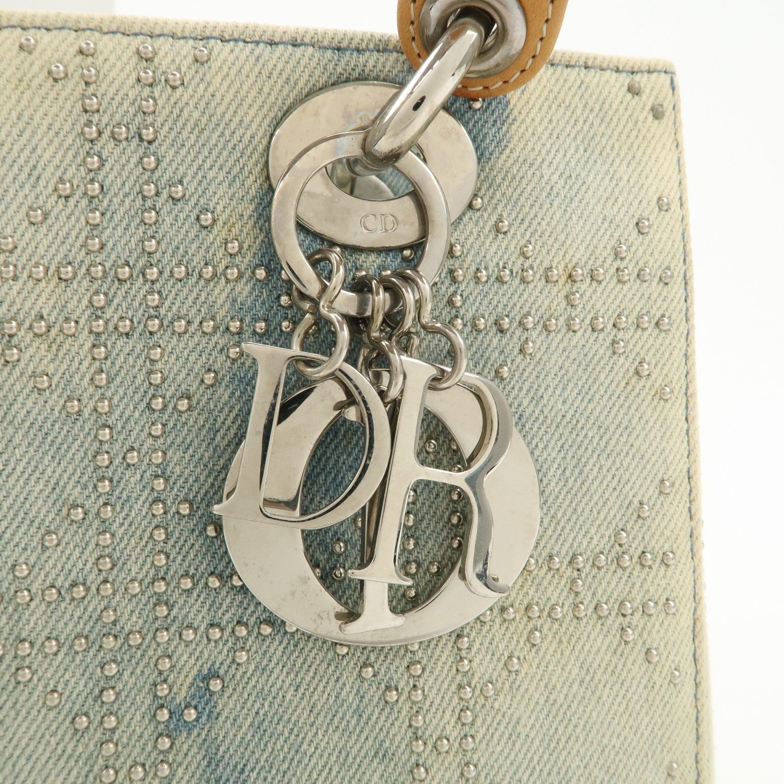 Christian Dior Cannage Leather Denim 2 Way Tote Bag Studs Beige Blue