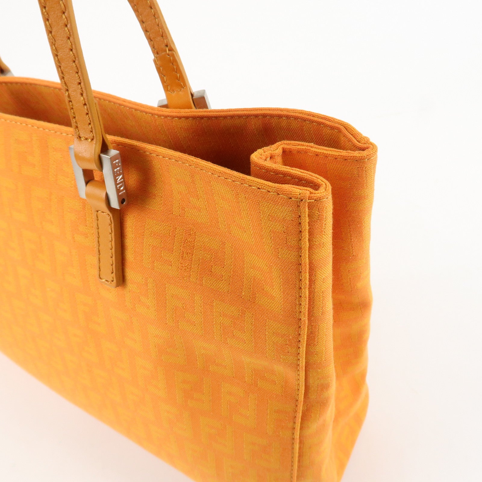FENDI Zucchino Canvas Leather Hand Bag Tote Bag Orange 8BH072 Used