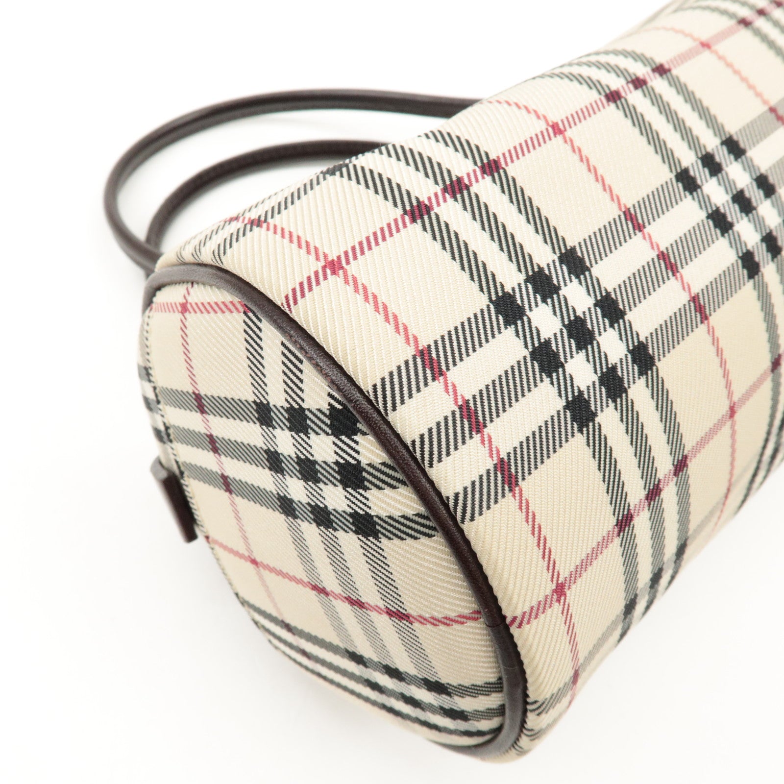 BURBERRY Leather Canvas Hand Bag Nova Plaid Beige Brown Used