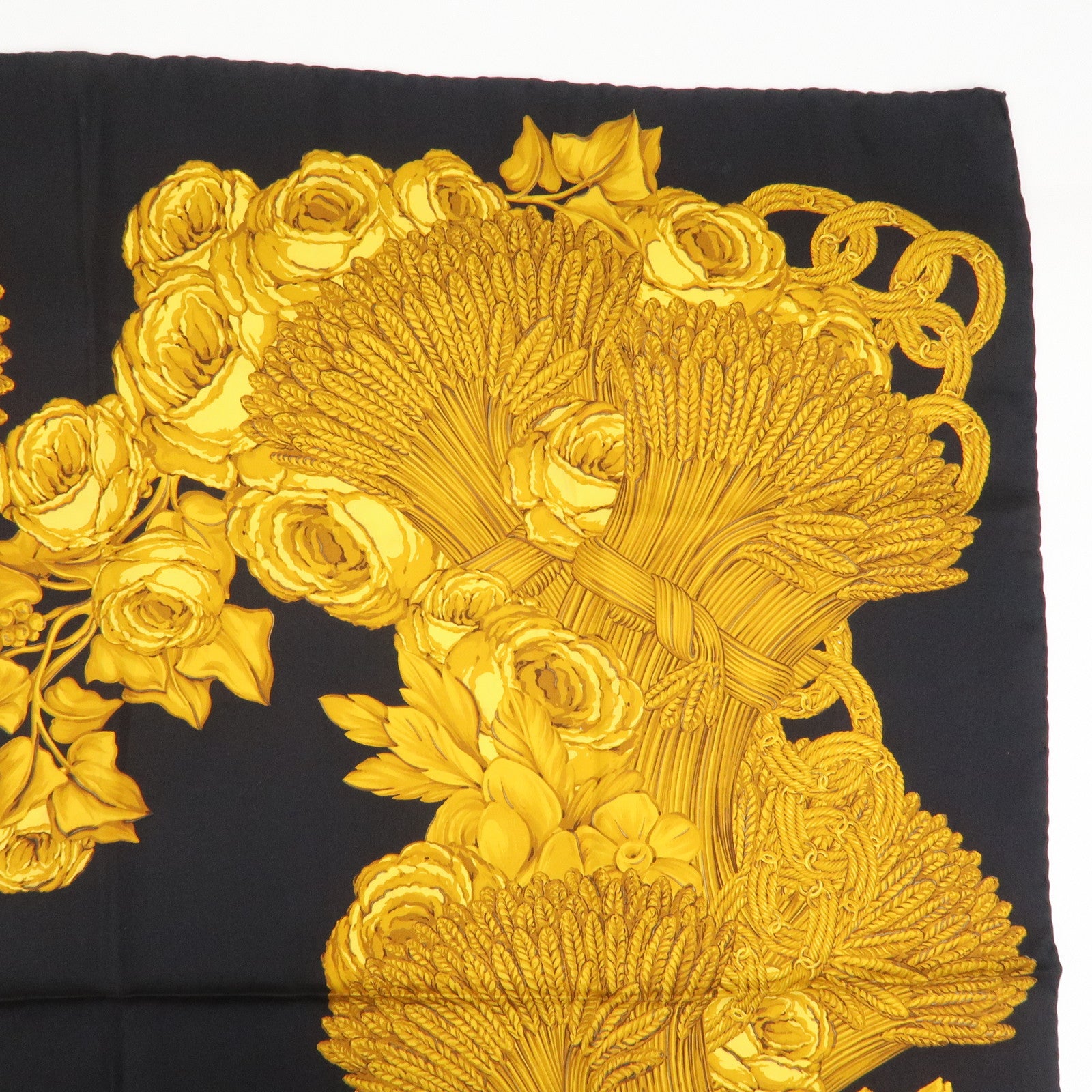 CHANEL Silk 100% Flower Chain Print Scarf Black Gold