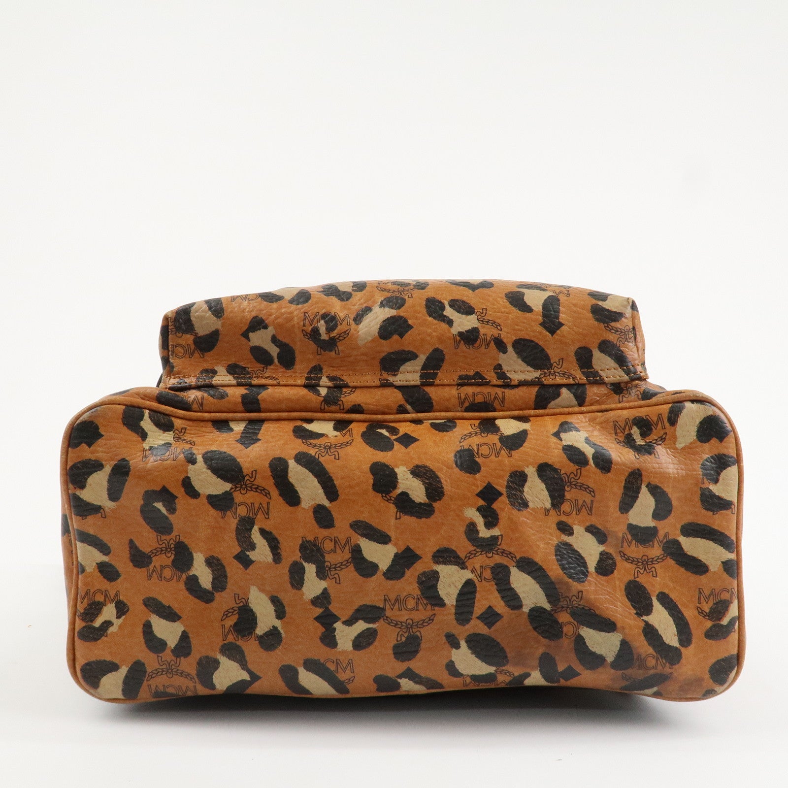 MCM Visetos Leather Leopard Back Pack Black Beige Brown Gold HDW Used