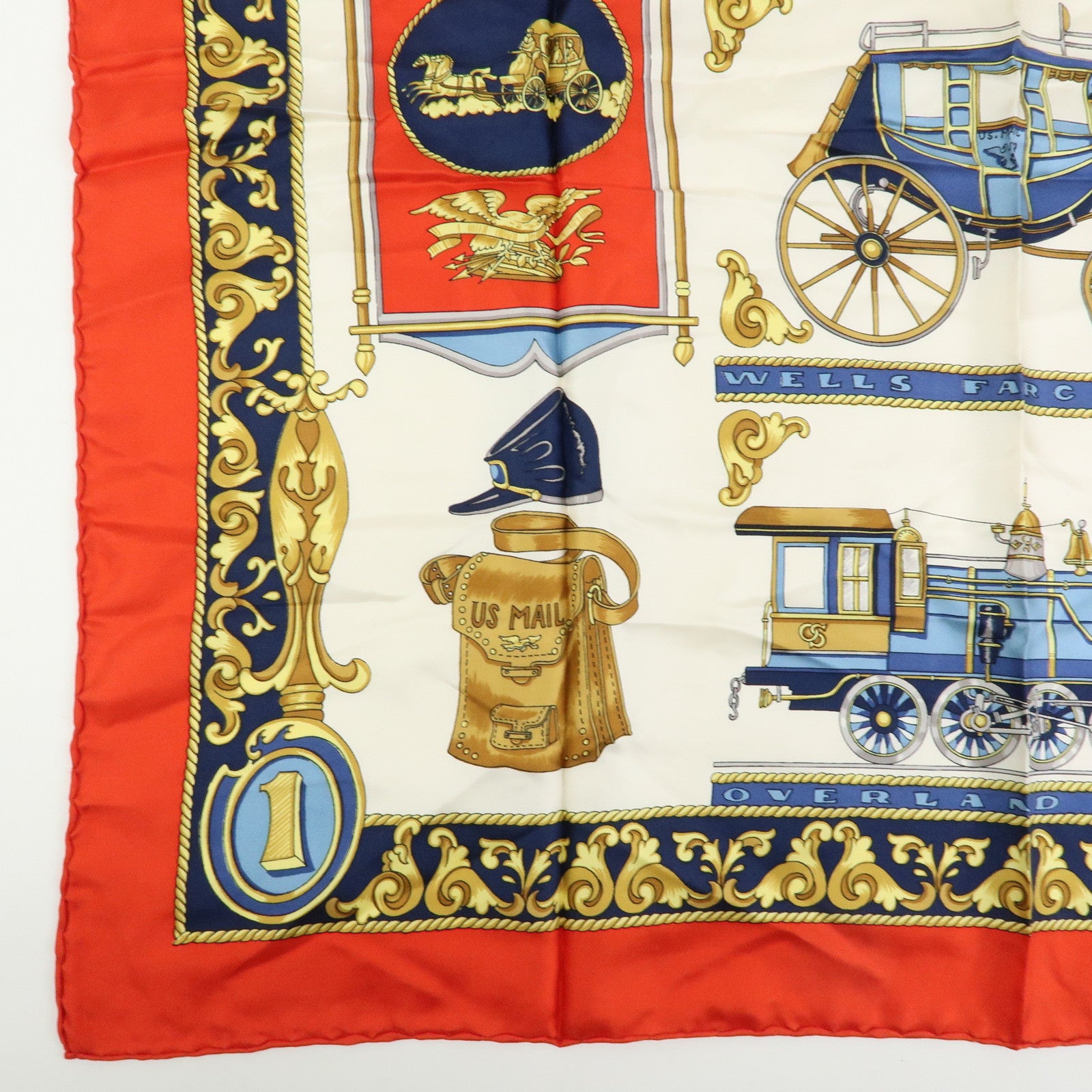 CELINE Silk Baltimore and Ohio Railroad Scarf 85x85 Red White Blue